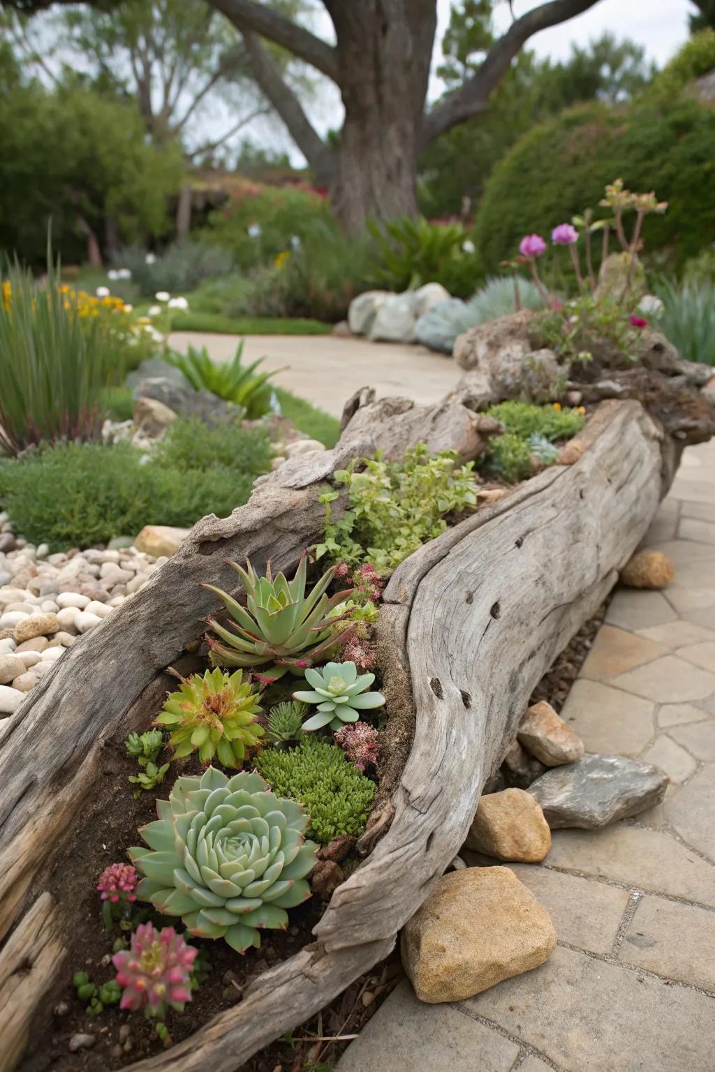 Driftwood repurposed into a natural succulent planter.
