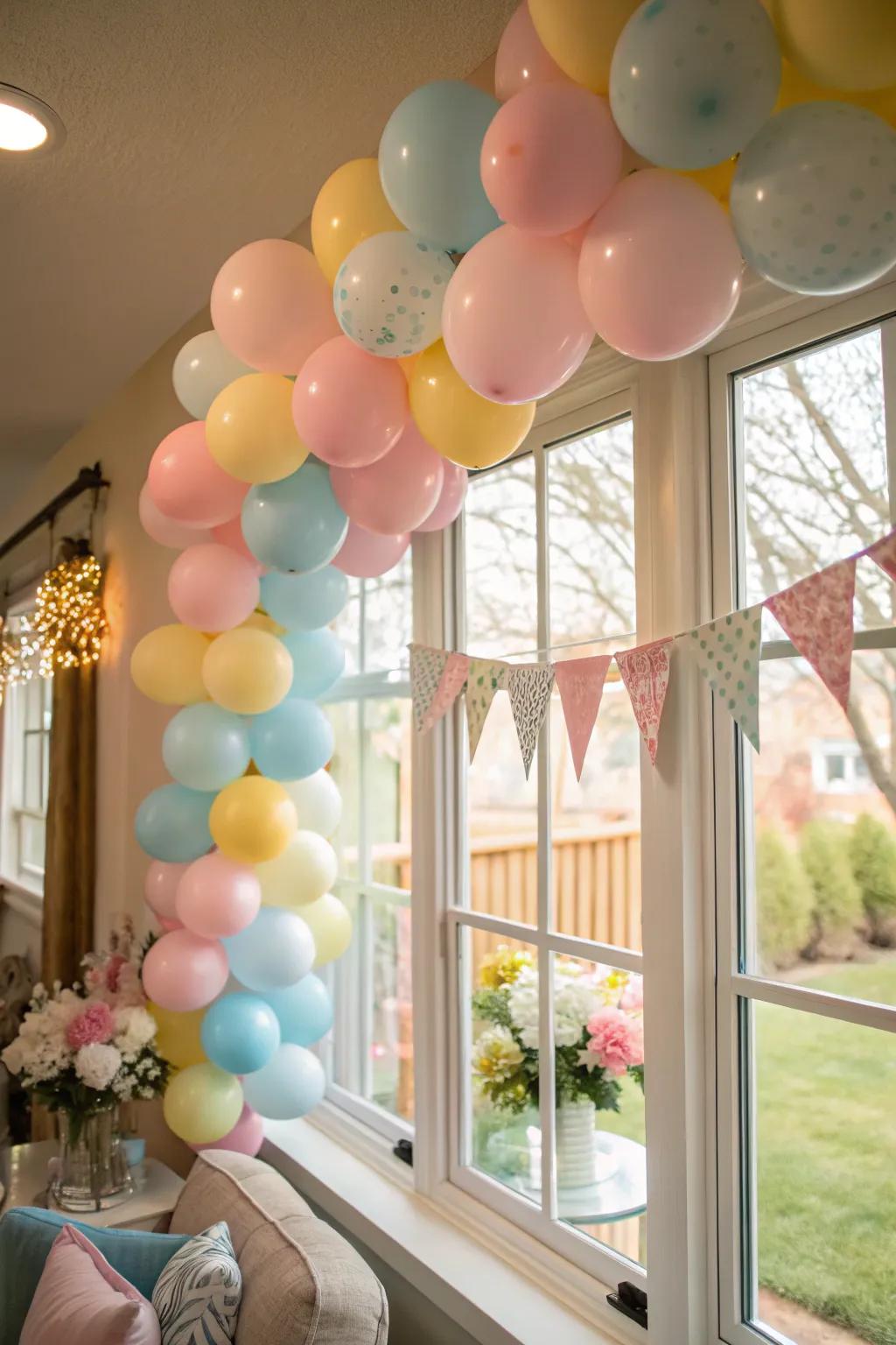 A breathtaking soft tone air-filled orbs garland adorns a window, setting a merry mood.