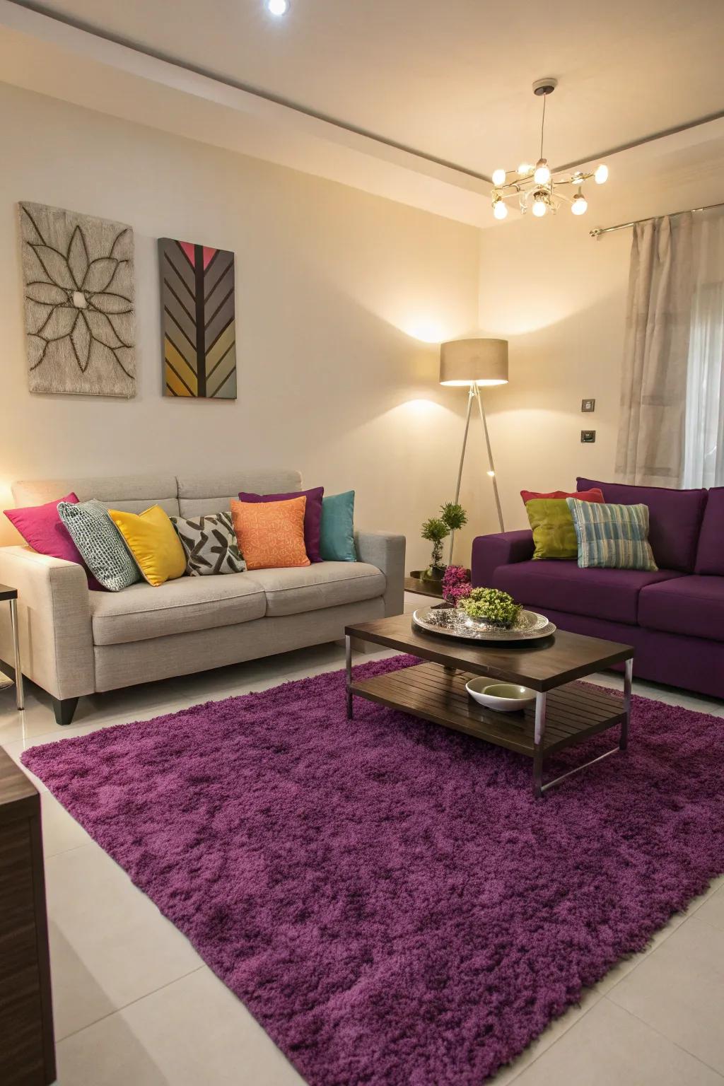 A contemporary living space with violet details enhancing the overall design.