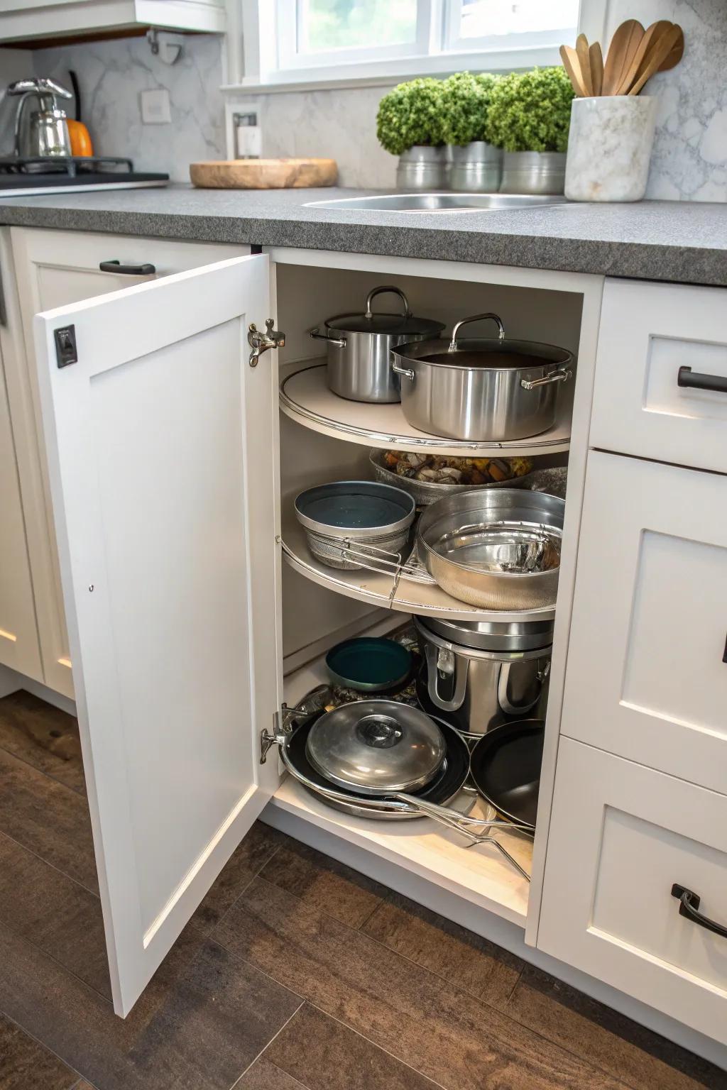 Make good use of corner cabinets by using a spin organizer to store cookware.