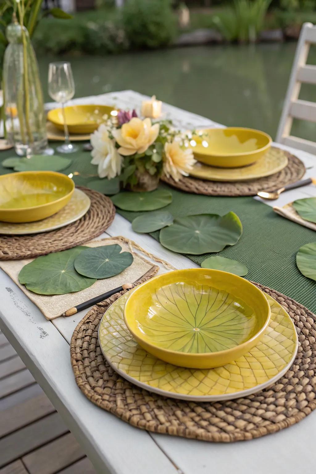 Handcrafted water lily linens bring the outdoors to your Quadrennial Day gathering.