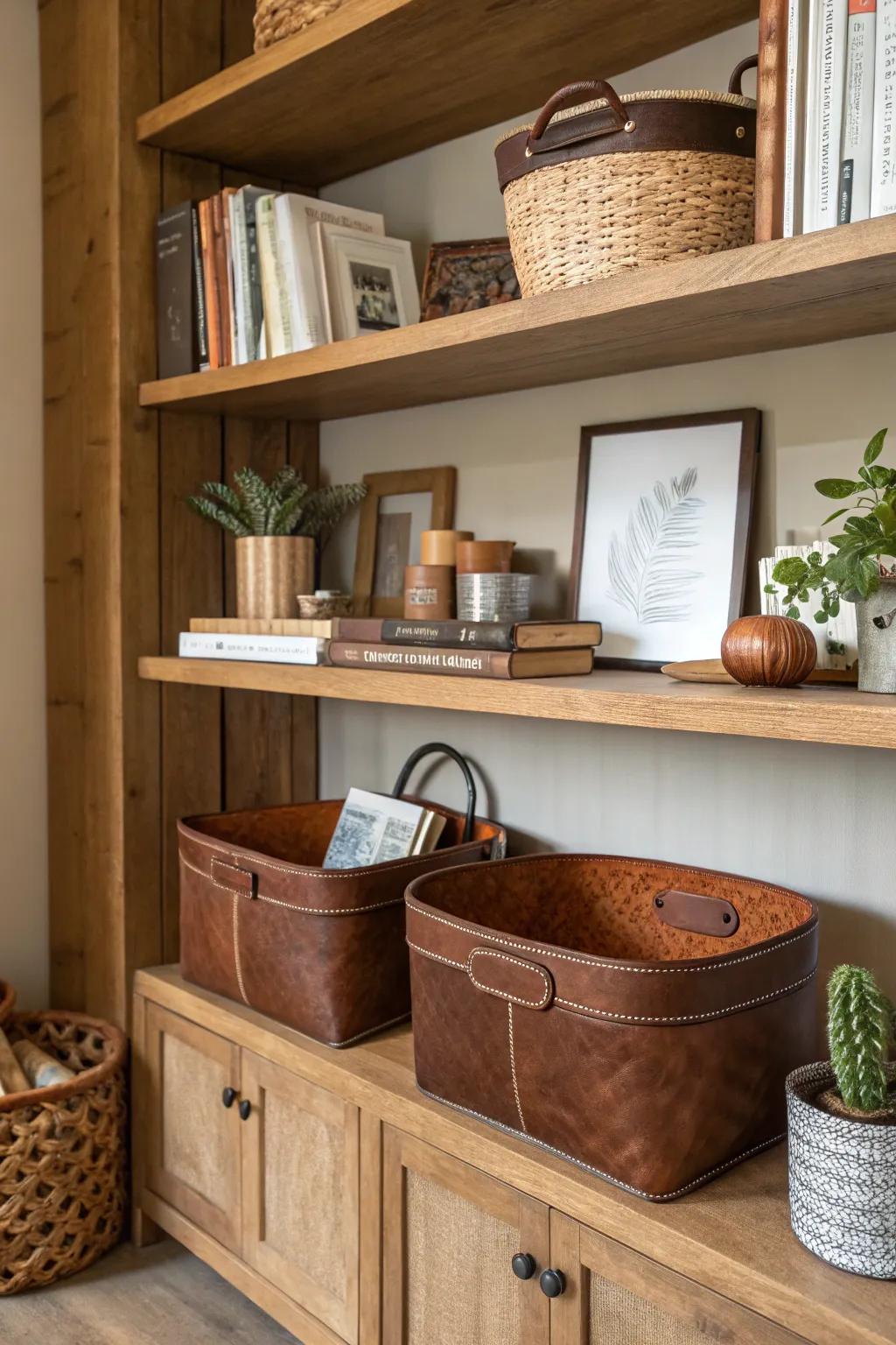 Keep organized in style with hide baskets.