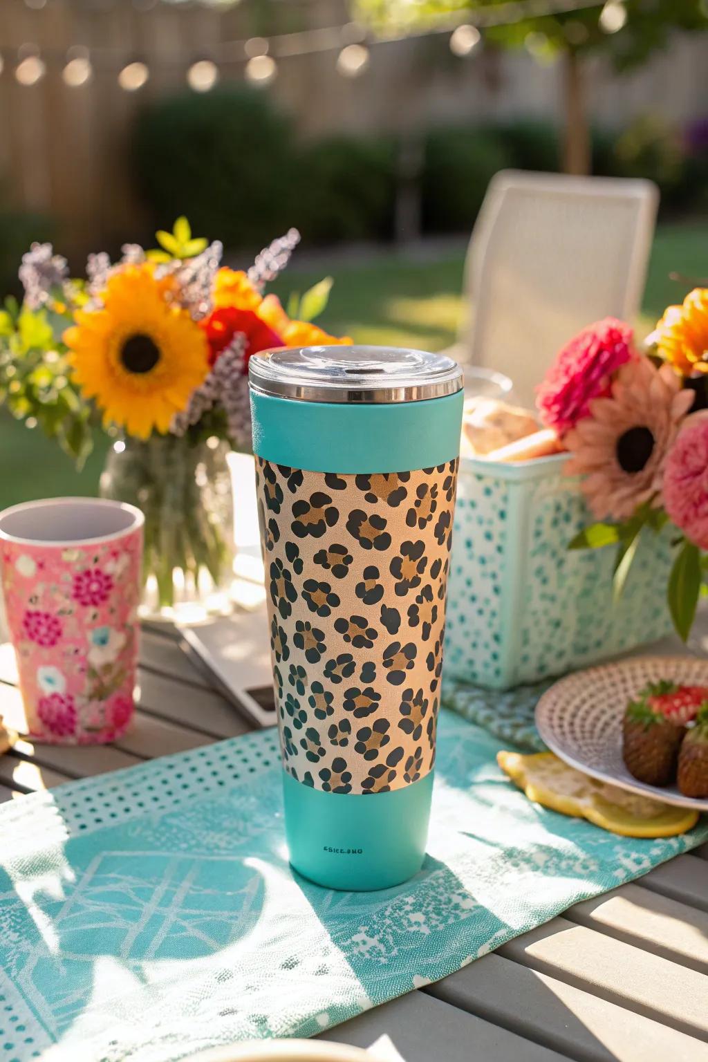 A dynamic teal animal spot cup, ideal for sun-drenched afternoons.