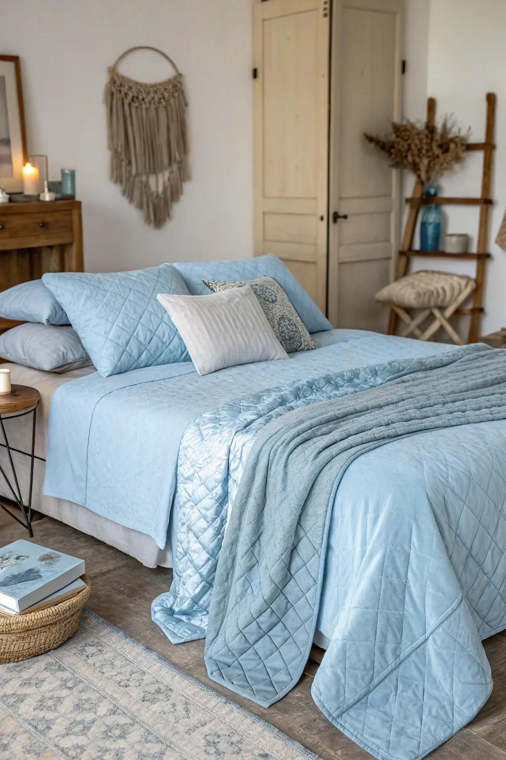 A bedroom showcasing rich, layered textures in light blue for added depth and a snug feel.