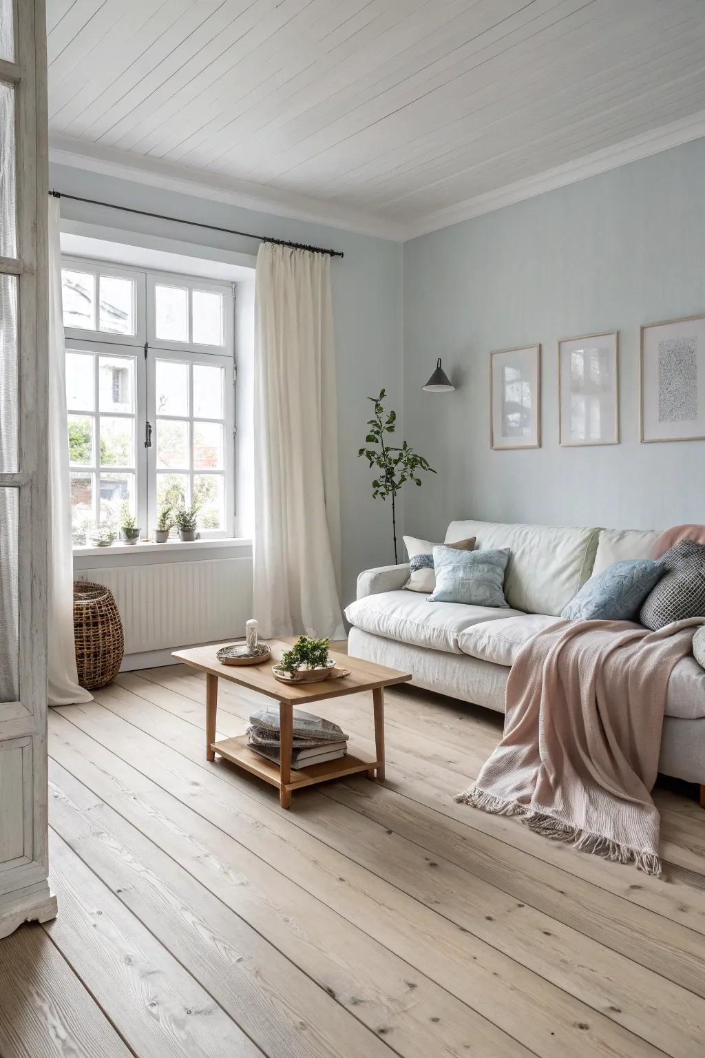 Light blonde ash flooring enhances the simple Scandinavian style of this comfy room.