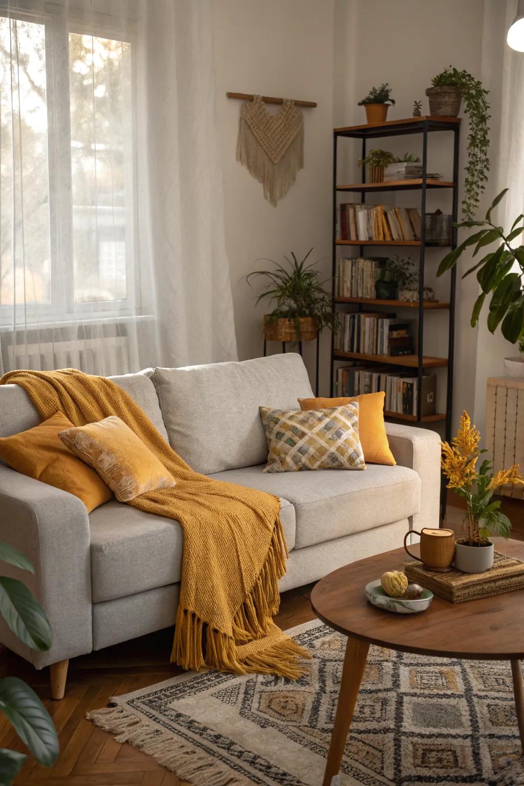 Accents of saffron introduce an energetic element to a setting featuring a light grey couch.