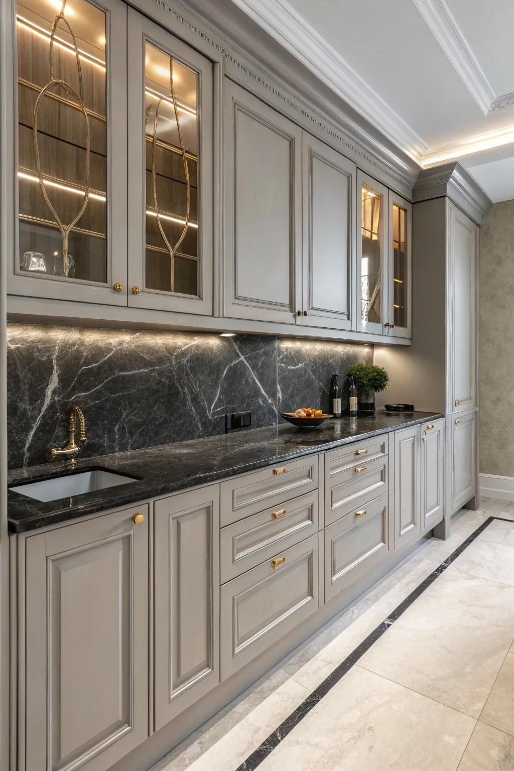 Dark countertops create a striking contrast alongside delicate grey cabinets.