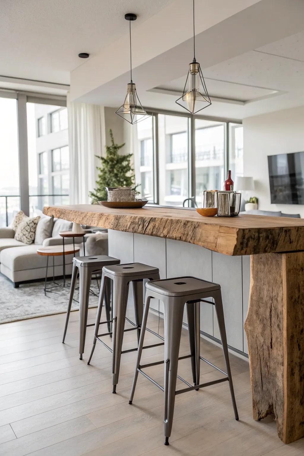A natural-edge bar coupled with modern metal chairs, producing a balanced combination of countryside and modern styles.