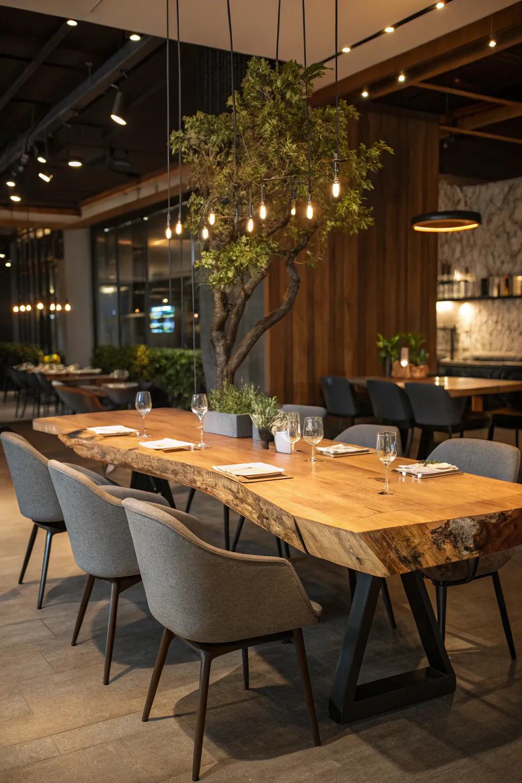 A dining area elevated by the distinct charm of a live edge table.