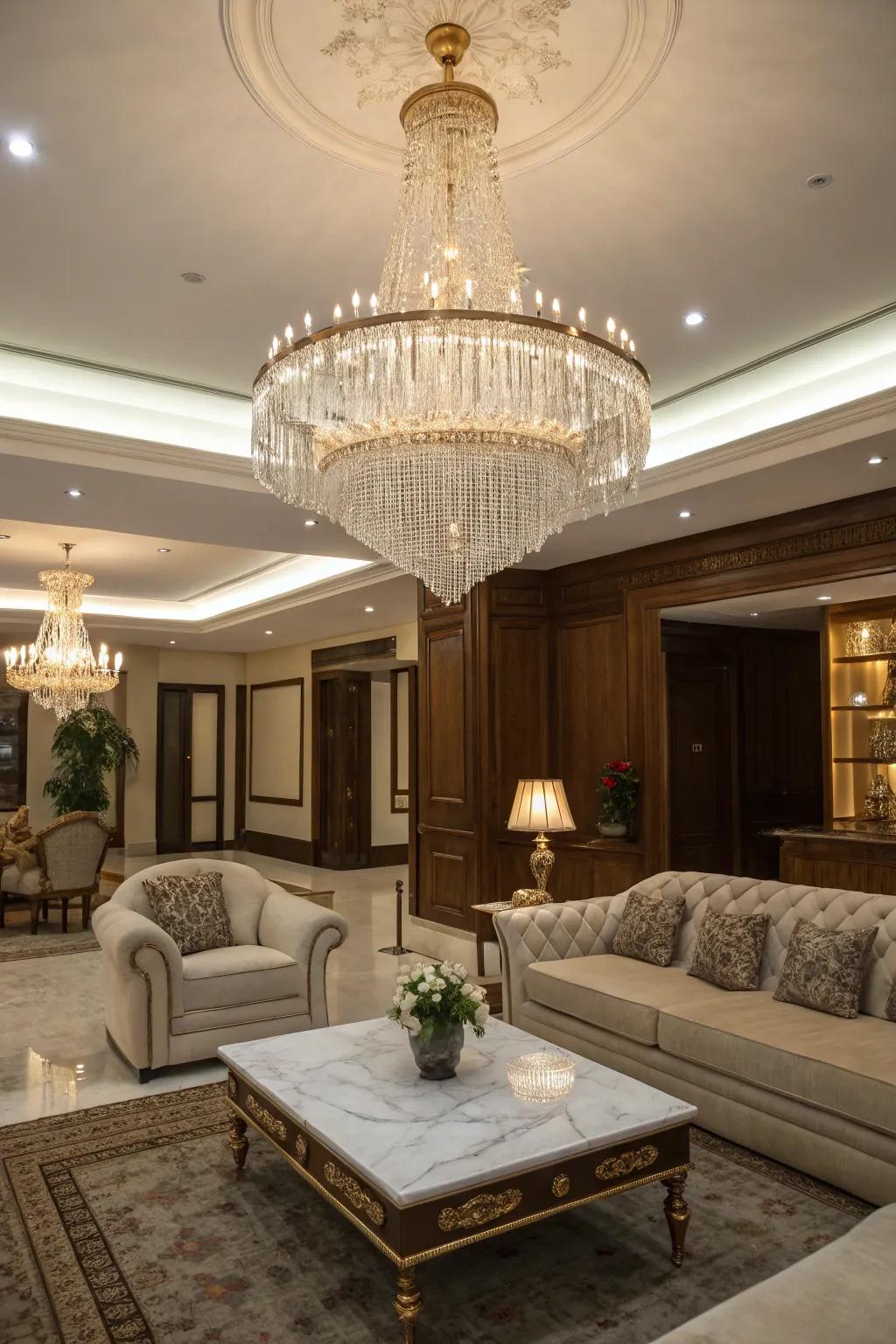 A lavish living room features a magnificent crystal chandelier serving as its defining feature.