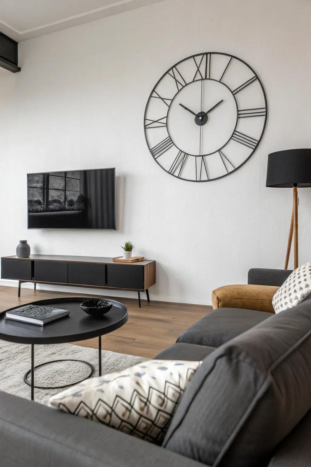 A minimalist wall clock adds subtle sophistication to a modern living space.