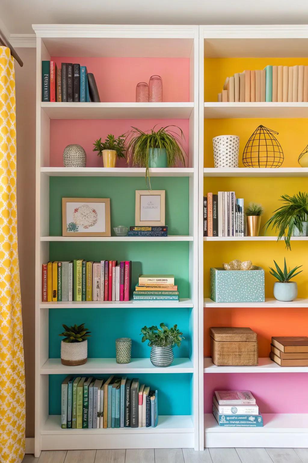 Color-blocked bookshelves contribute a lively element to any family room.