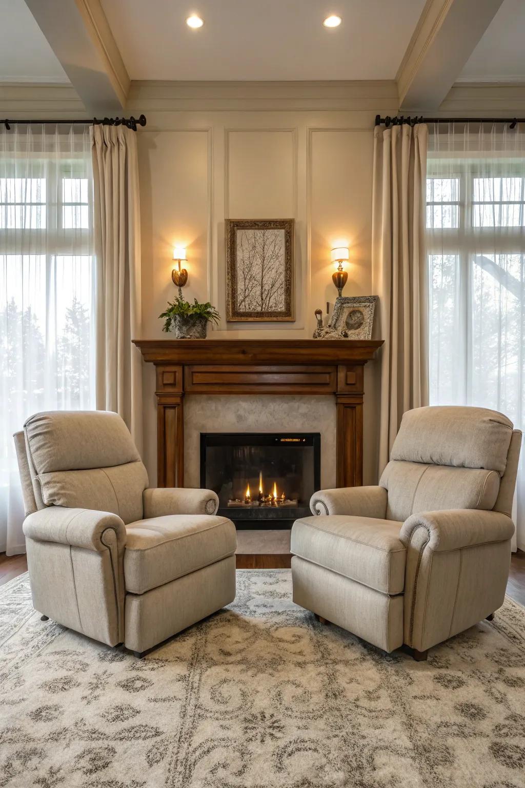 A unified living area design featuring dual loungers around the fireplace.