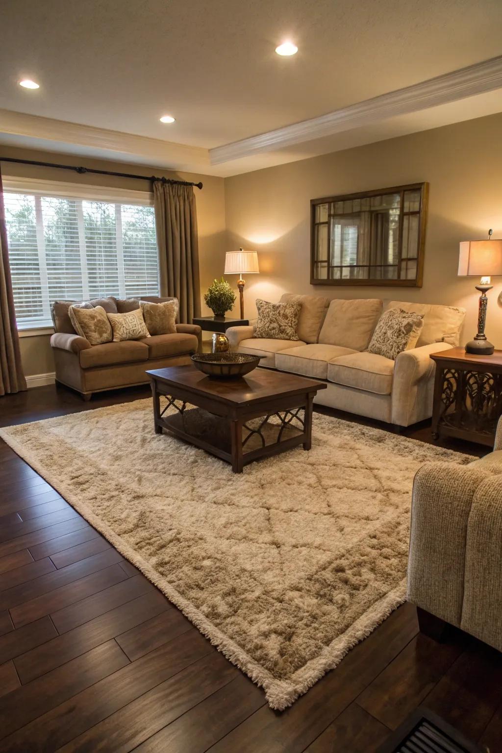 Ground coverings add warmth and texture to deep-toned wooden floors.