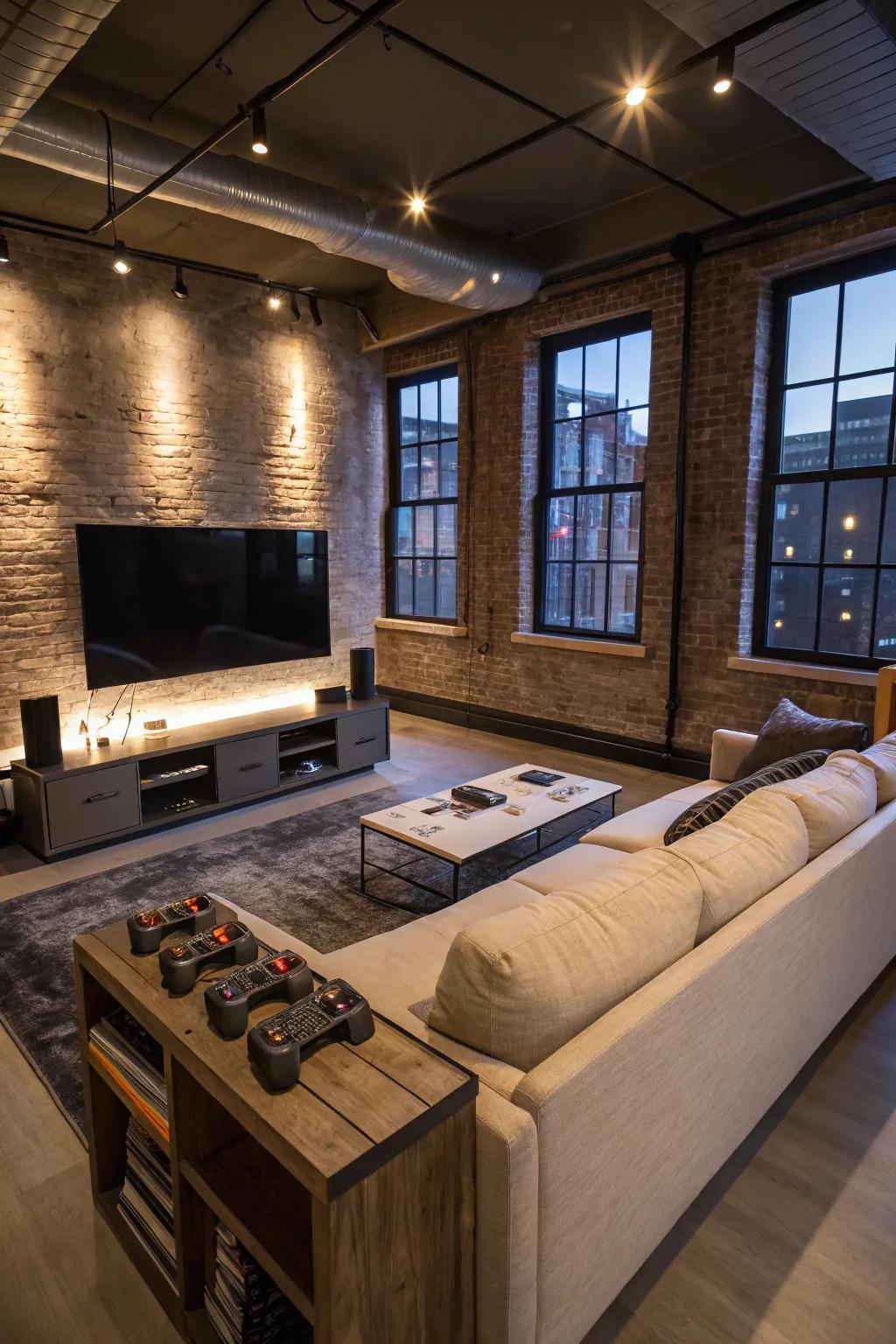 An inviting media spot is excellent for both movie marathons and intense gaming competitions.