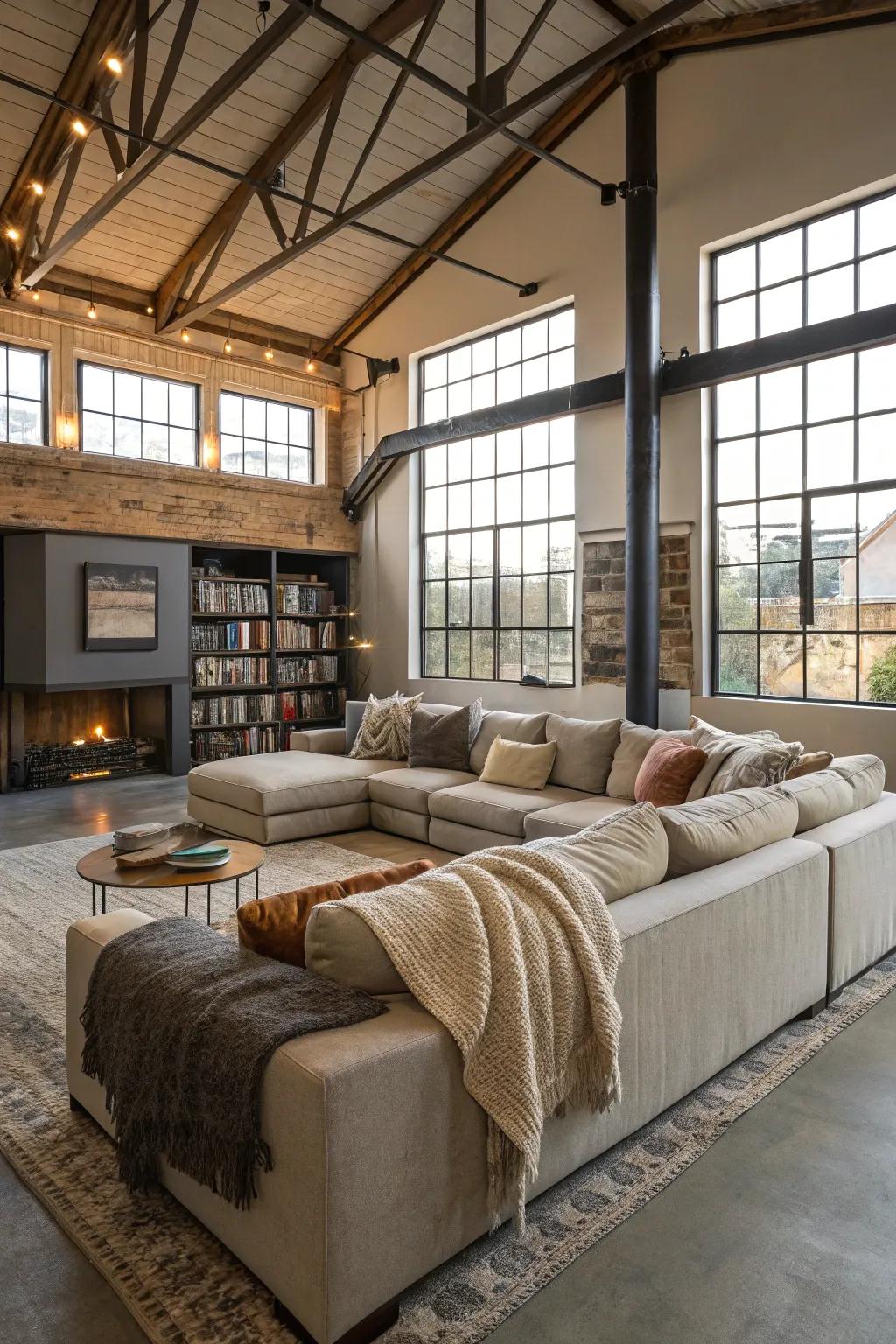 A sectional couch offers both relaxation and sophistication within a loft-style media center.