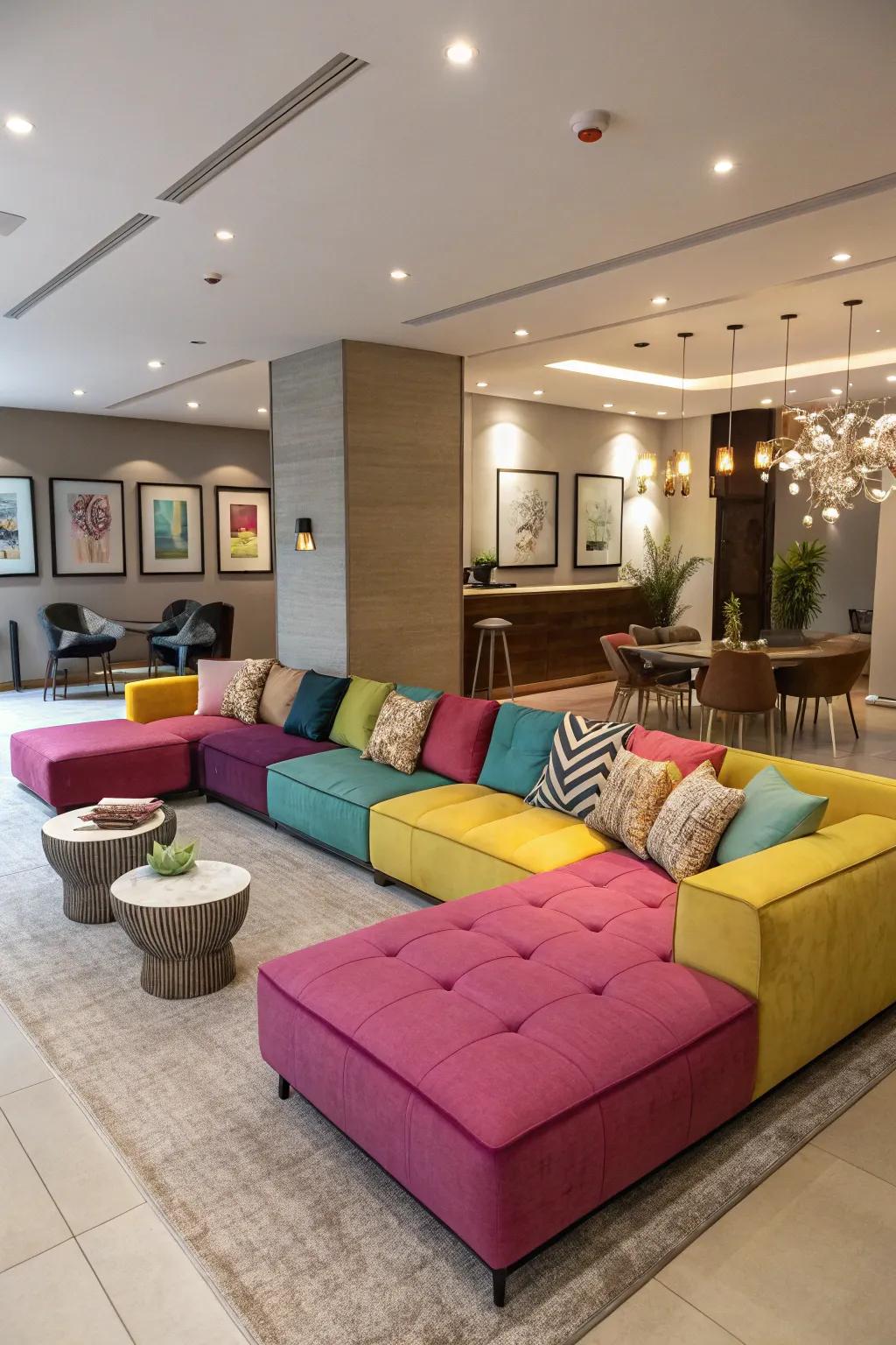 A vibrant sectional sofa that acts as a magnificent point of convergence.
