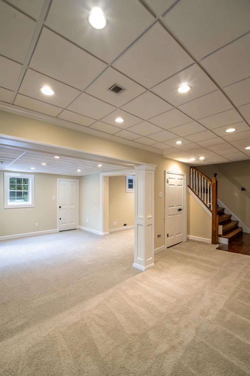 Inset lights give off an elegant way to effectively brighten your basement.