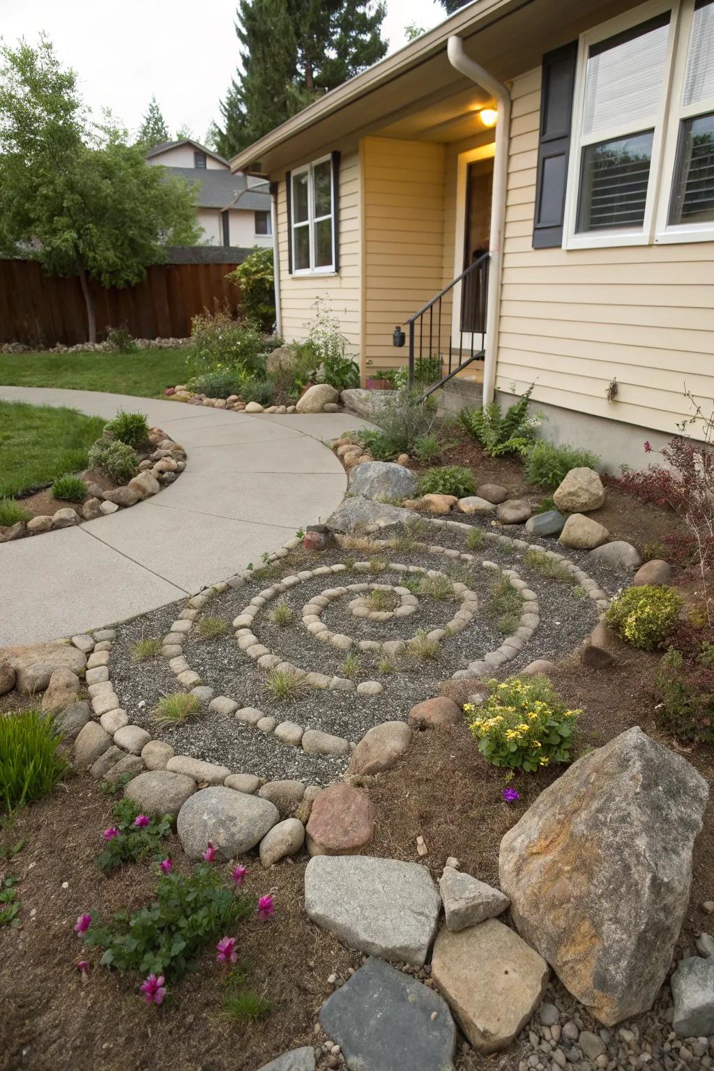 An inventive spiral rock feature enhancing the landscape of a front yard.