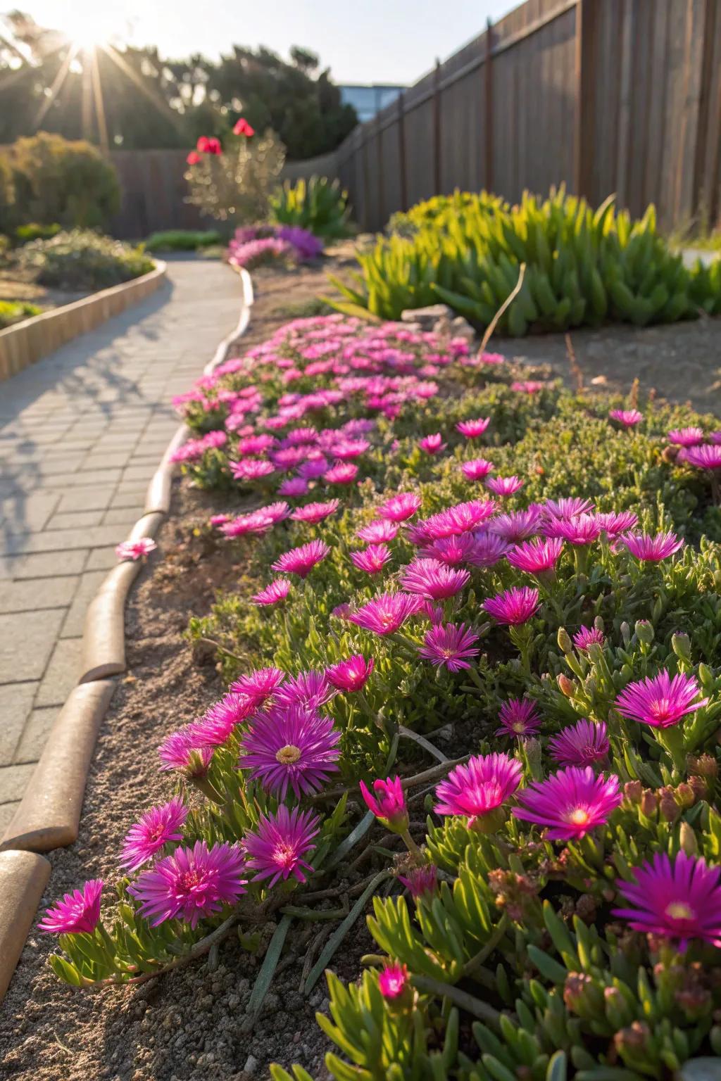 Ice Plant dazzling in the sun with its vibrant magenta blooms.