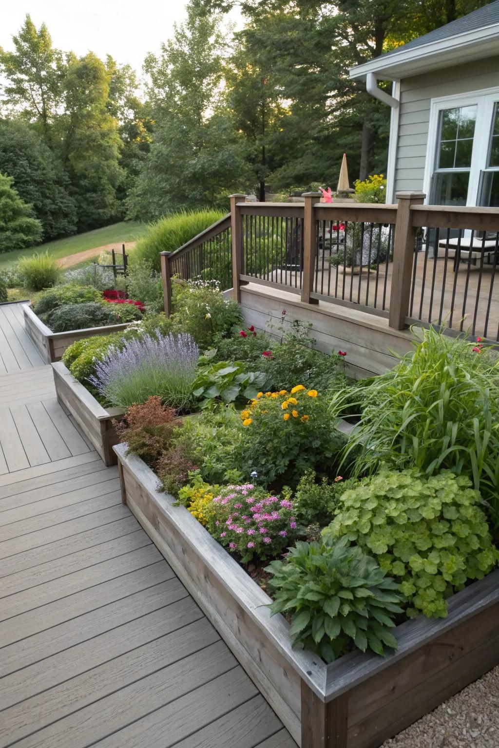Simple planting spaces showcasing perennials and bushes, surrounding a raised deck.