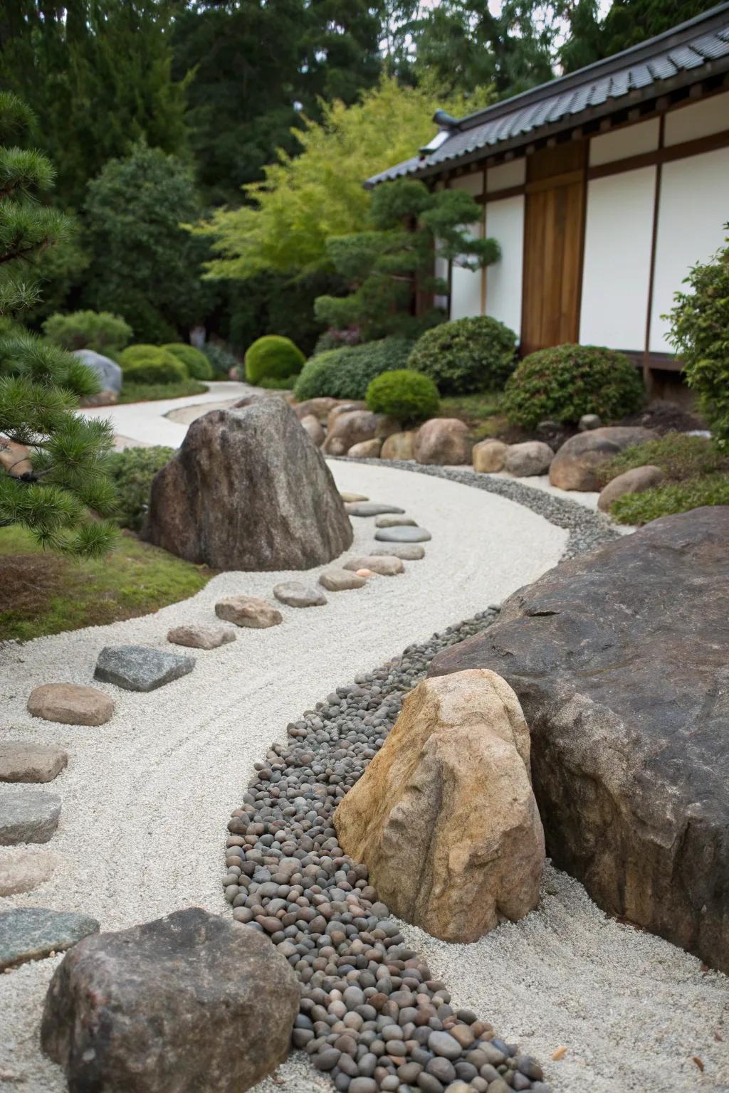 A winding stone walkway that cuts across a rock garden.
