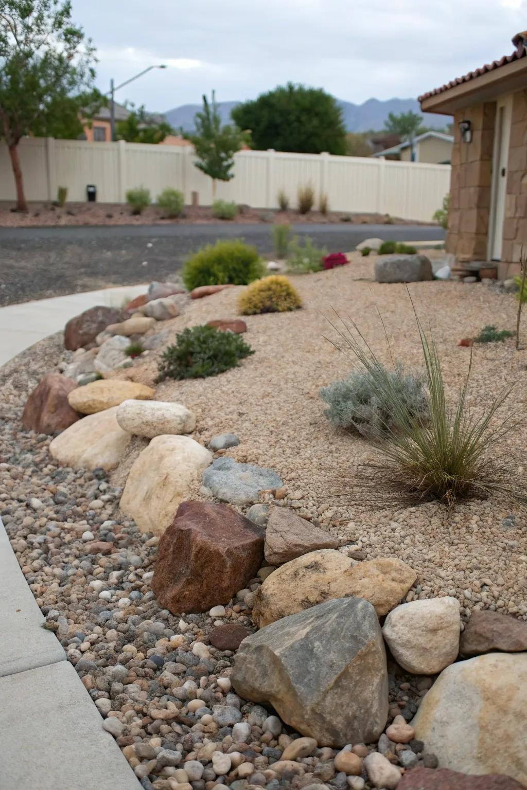 Stones and pebbles offer a low-upkeep, water-conserving landscape for your front yard.