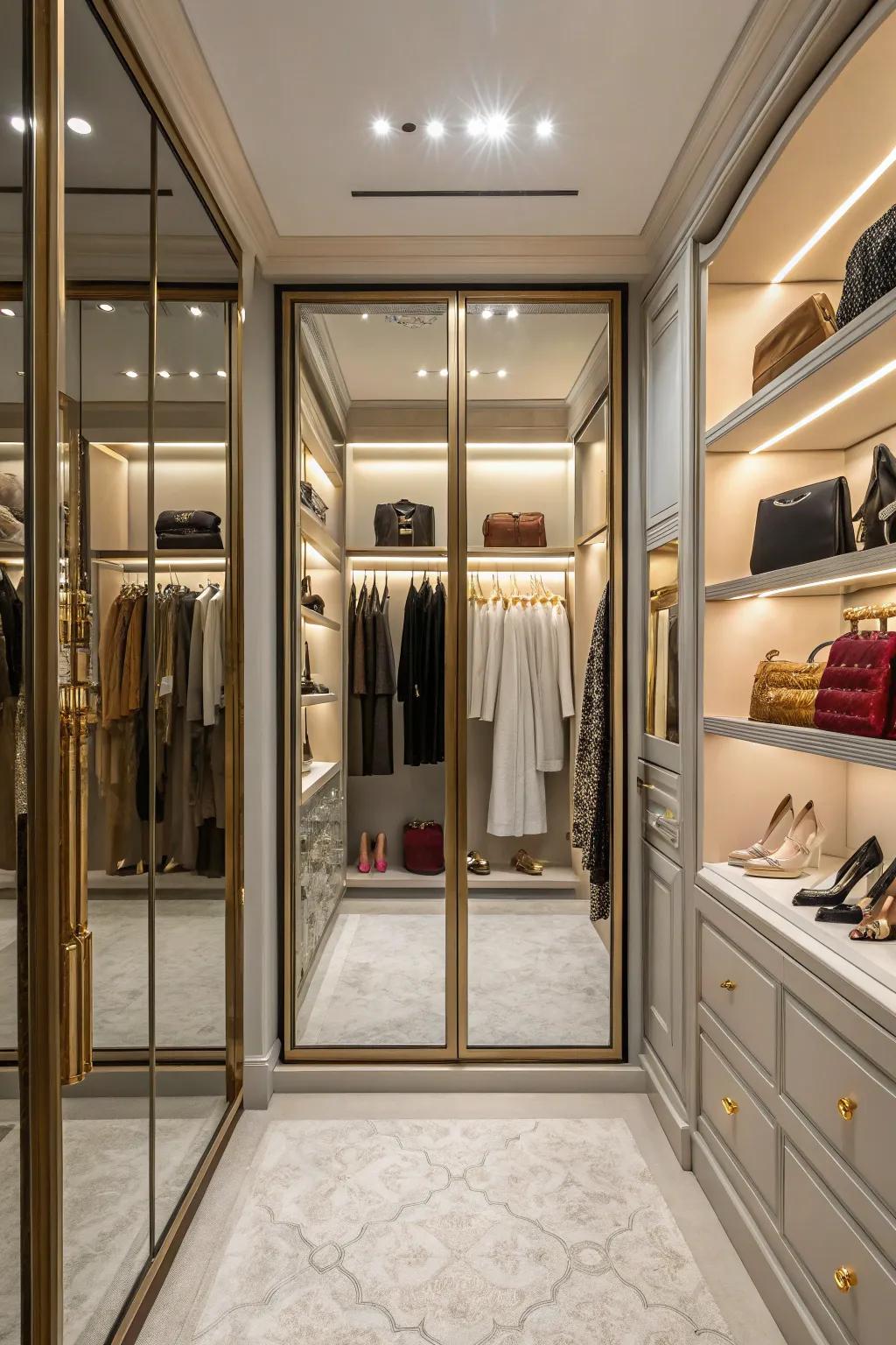 Reflective door fronts mirroring an exquisite array of attire.