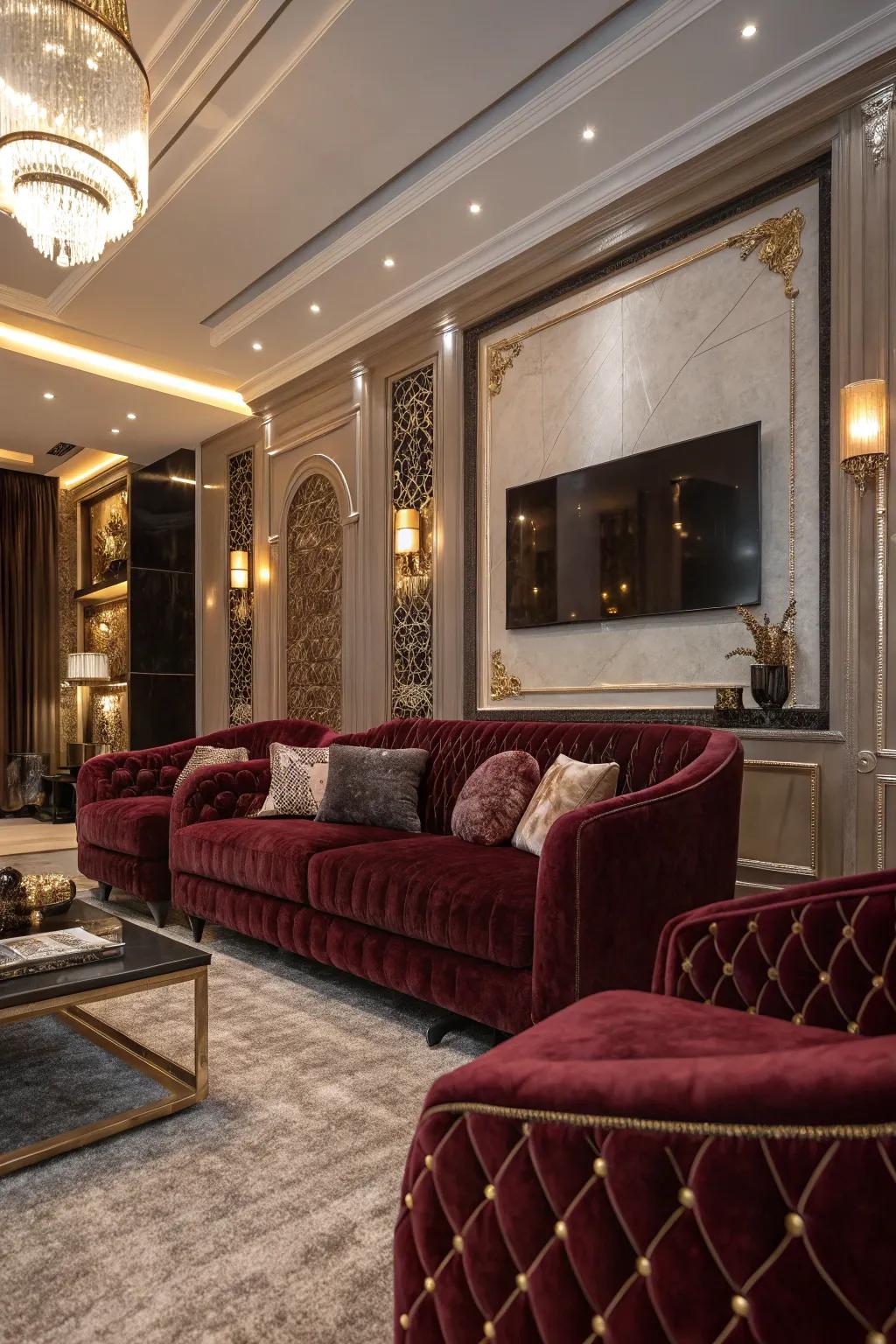 Deluxe velvet seating introduces both comfort and elegance to this living room.