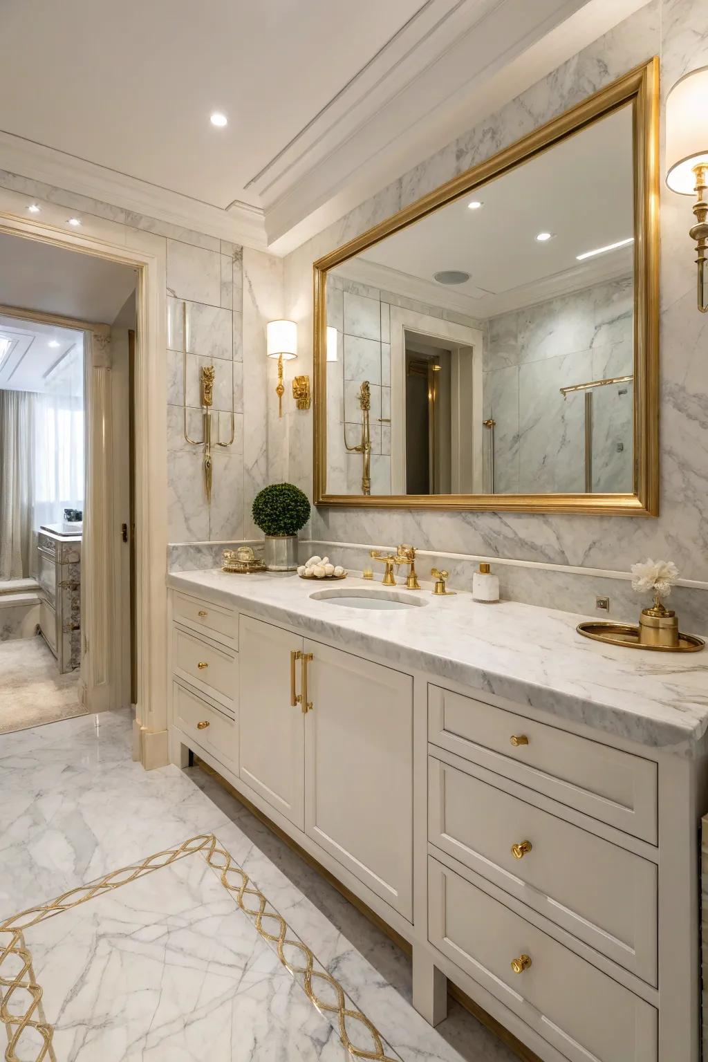 A luxury bathroom showcasing elegant stone surfaces and flooring, enhanced by gold fixtures.