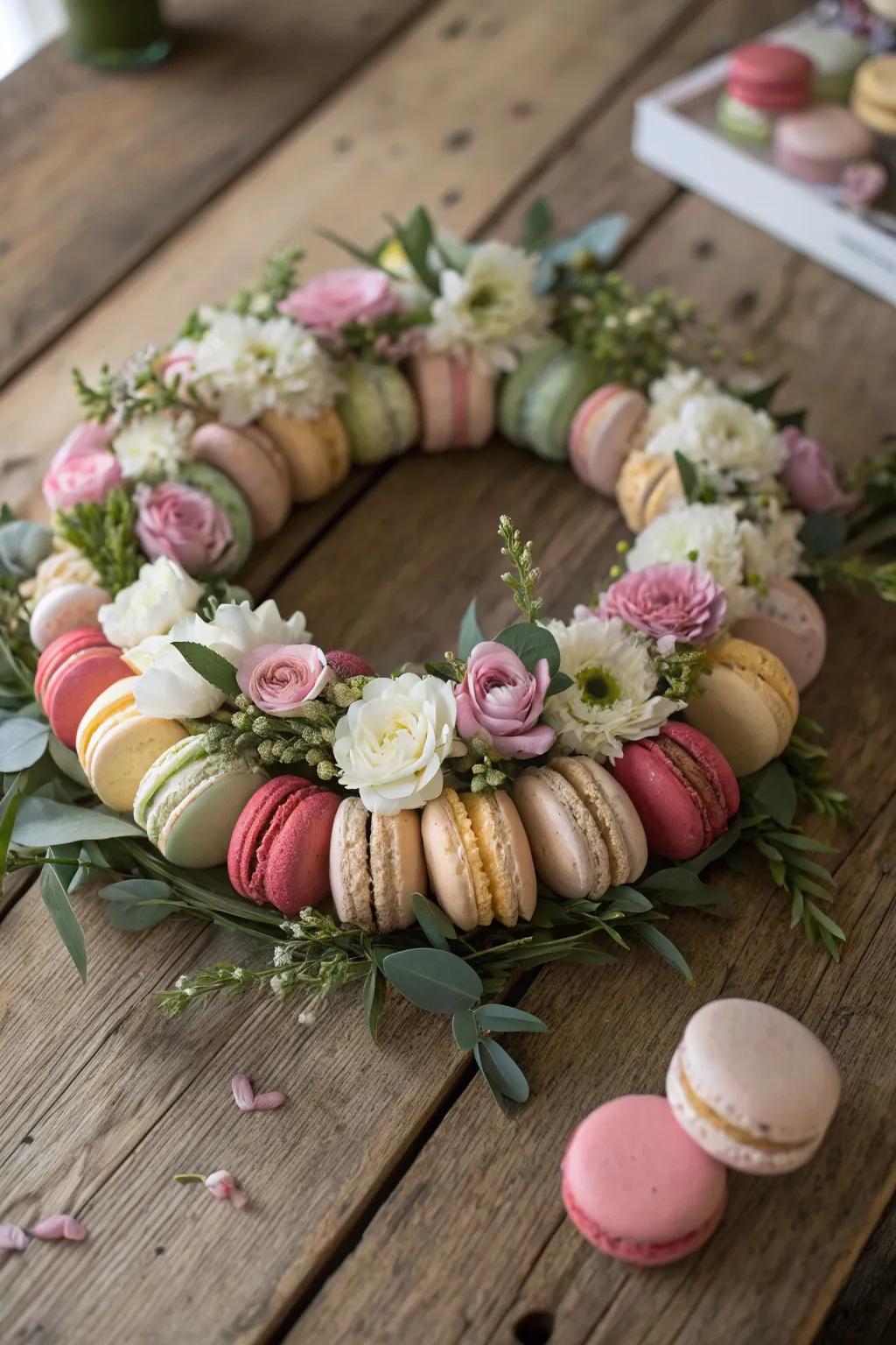 A botanical ring made of macarons and real blossoms.