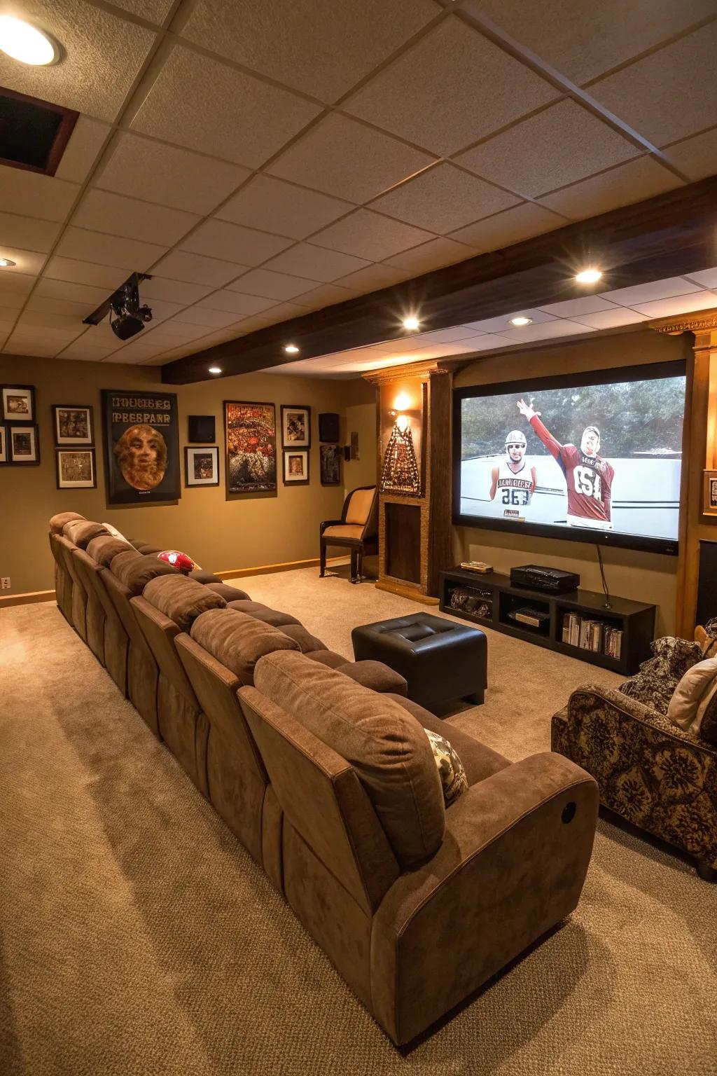 Design the ultimate relaxation corner with a plush seating area in your basement.