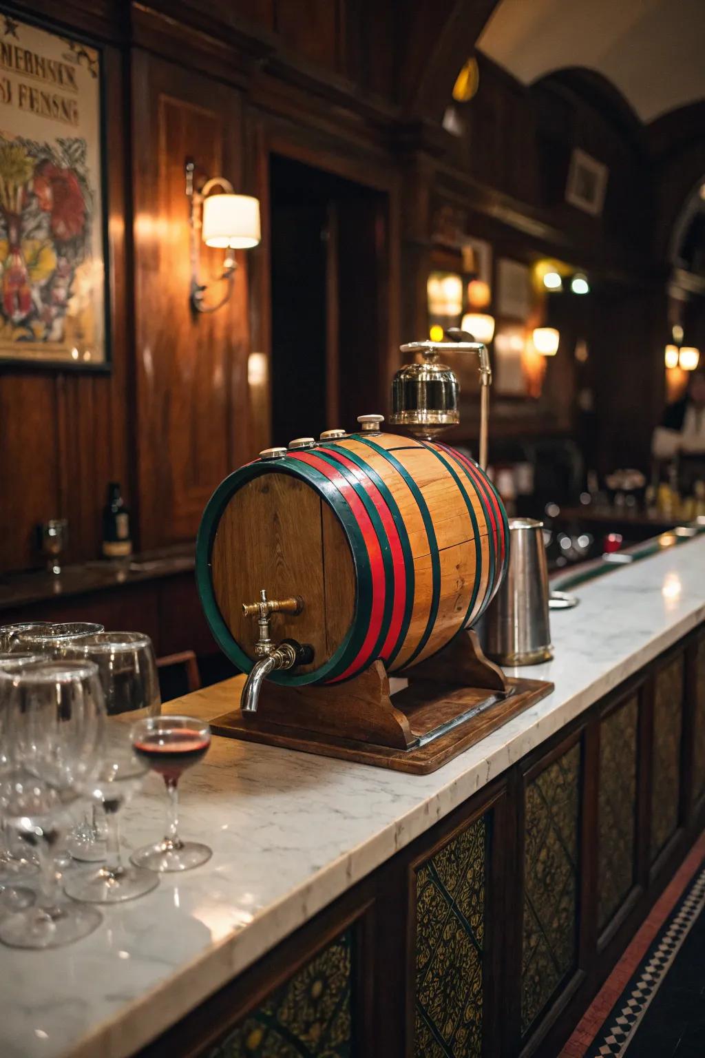 A barrel-shaped dispenser adds a fun touch to serving drinks.