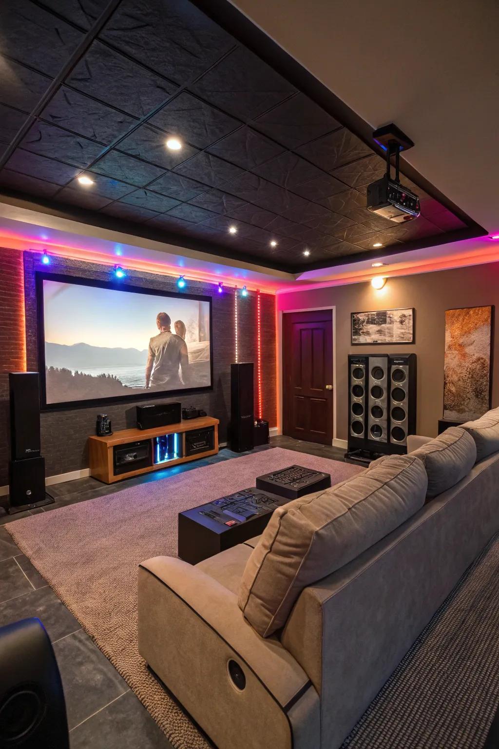 A total private cinema setup with a huge screen and surround sound.