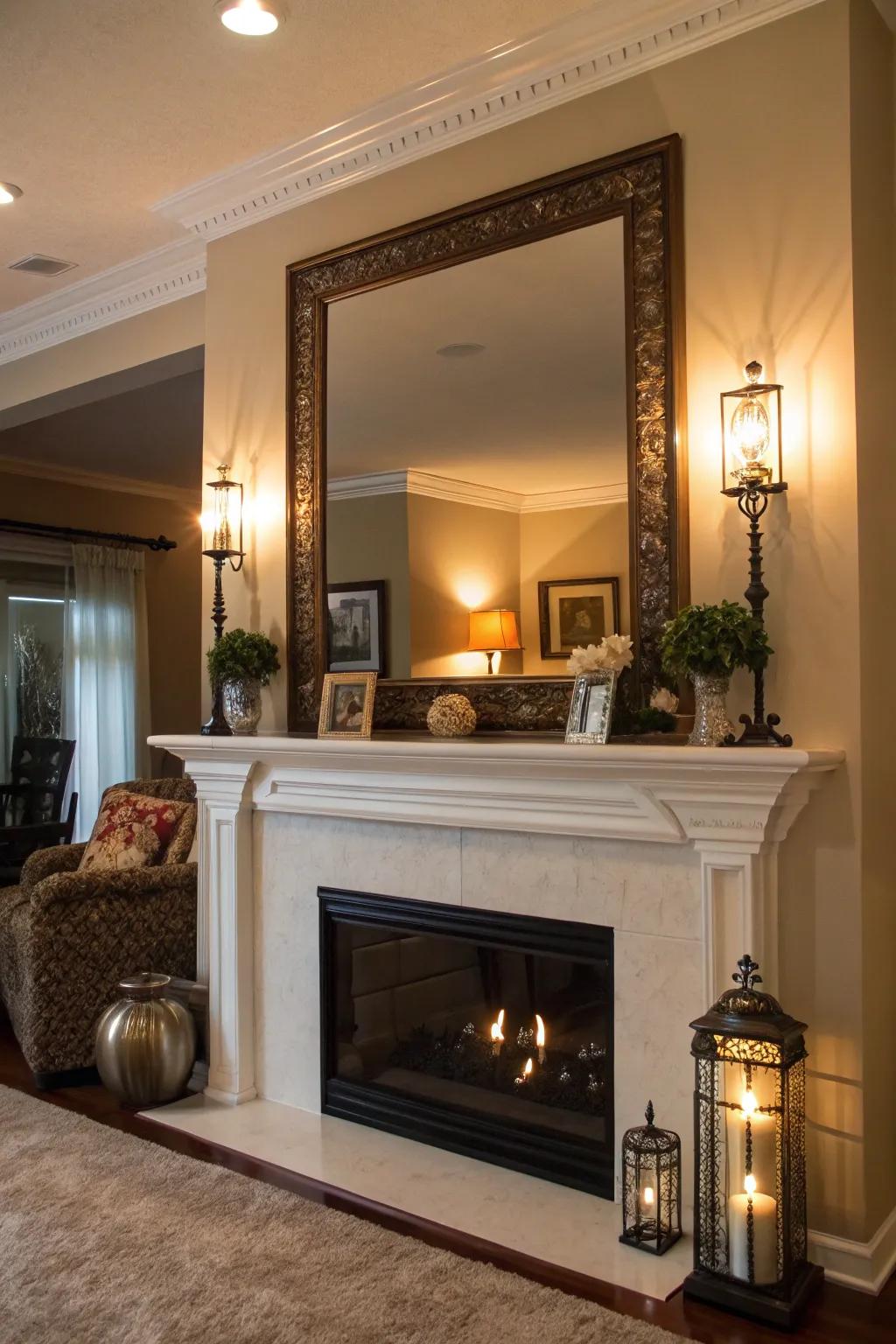 A grand mirror enriches the mantel's charm through increased light and depth.