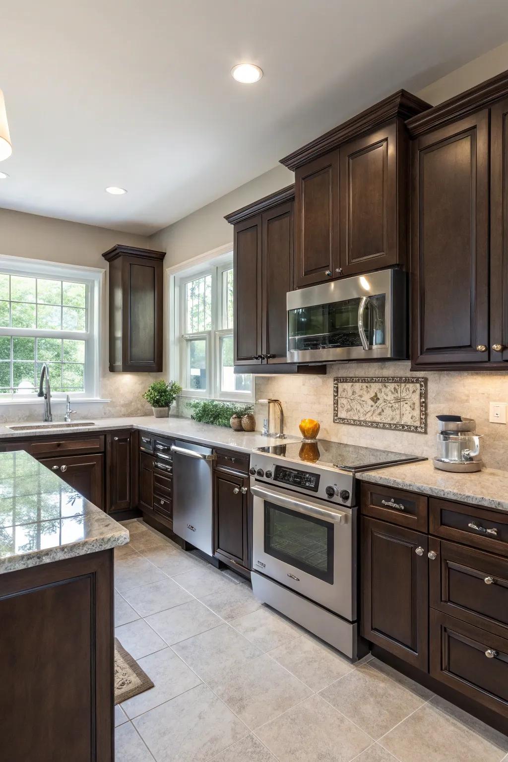 A contemporary kitchen showcased with intensely pigmented birchwood units for an eye-catching contrast.