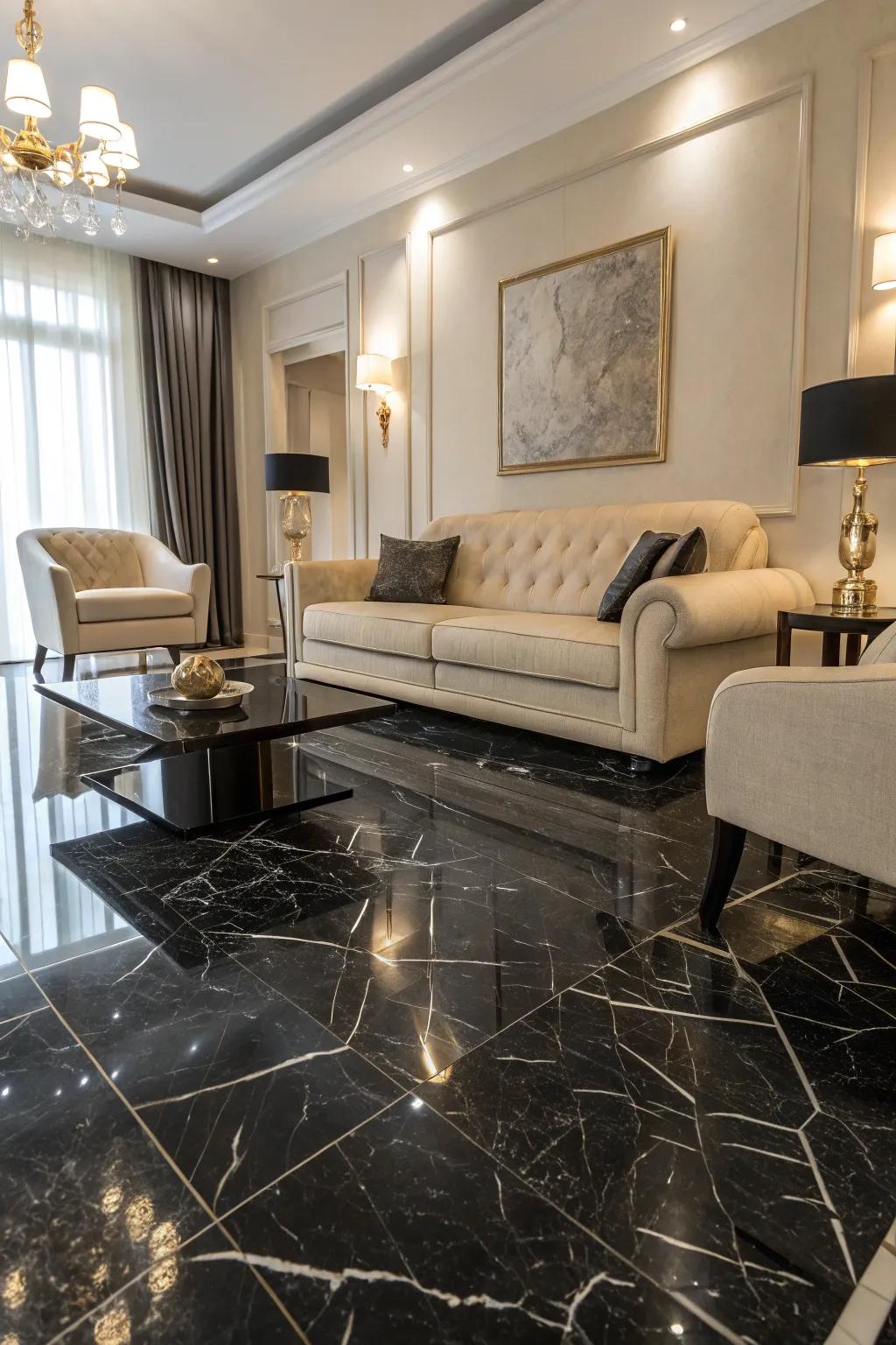 Striking dark stone flooring fashions a dramatic and refined living space.