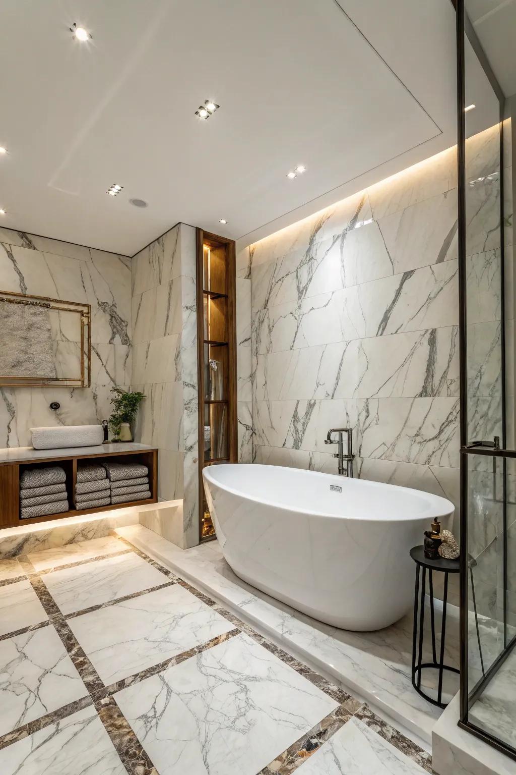 A breathtaking standalone bathtub is accentuated by artificial marble stone surfaces, creating a luxurious center attraction.
