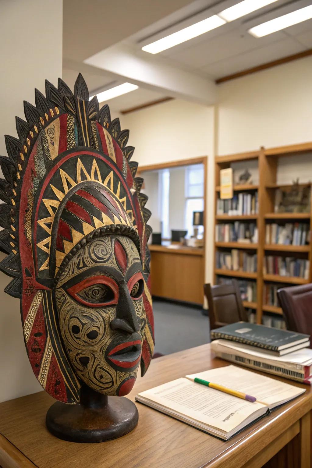 A mask sculpture inspired by cultural and historical themes.