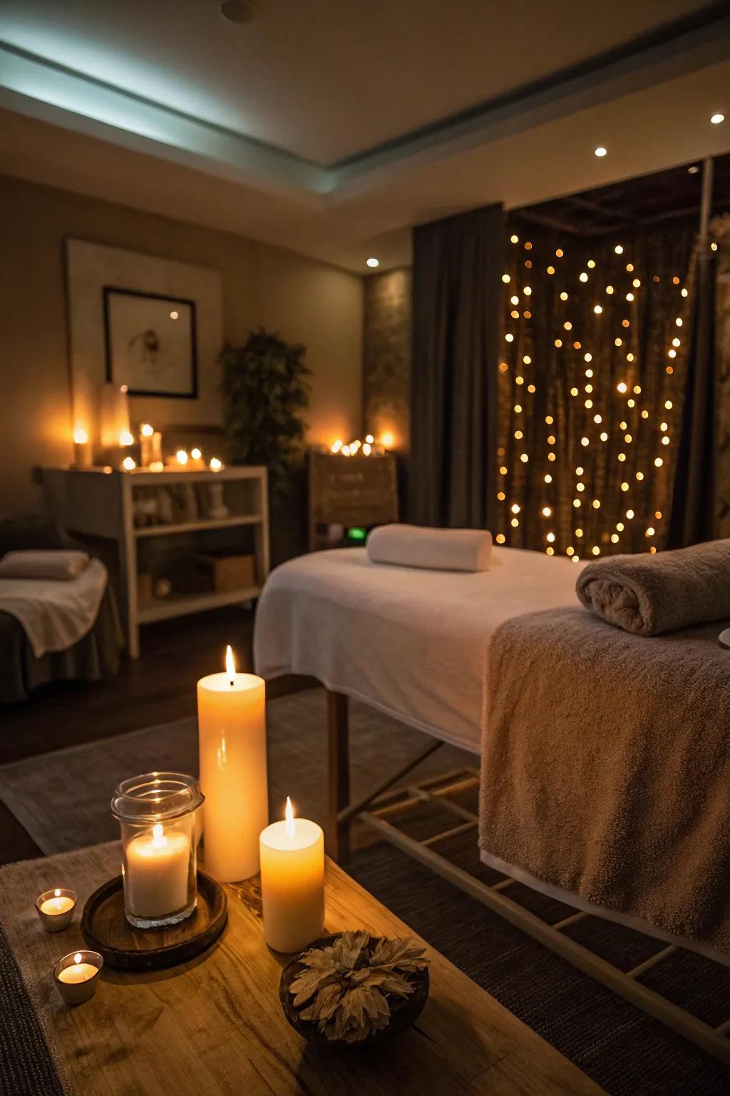 A massage space lit by soft, inviting lighting and tapers.