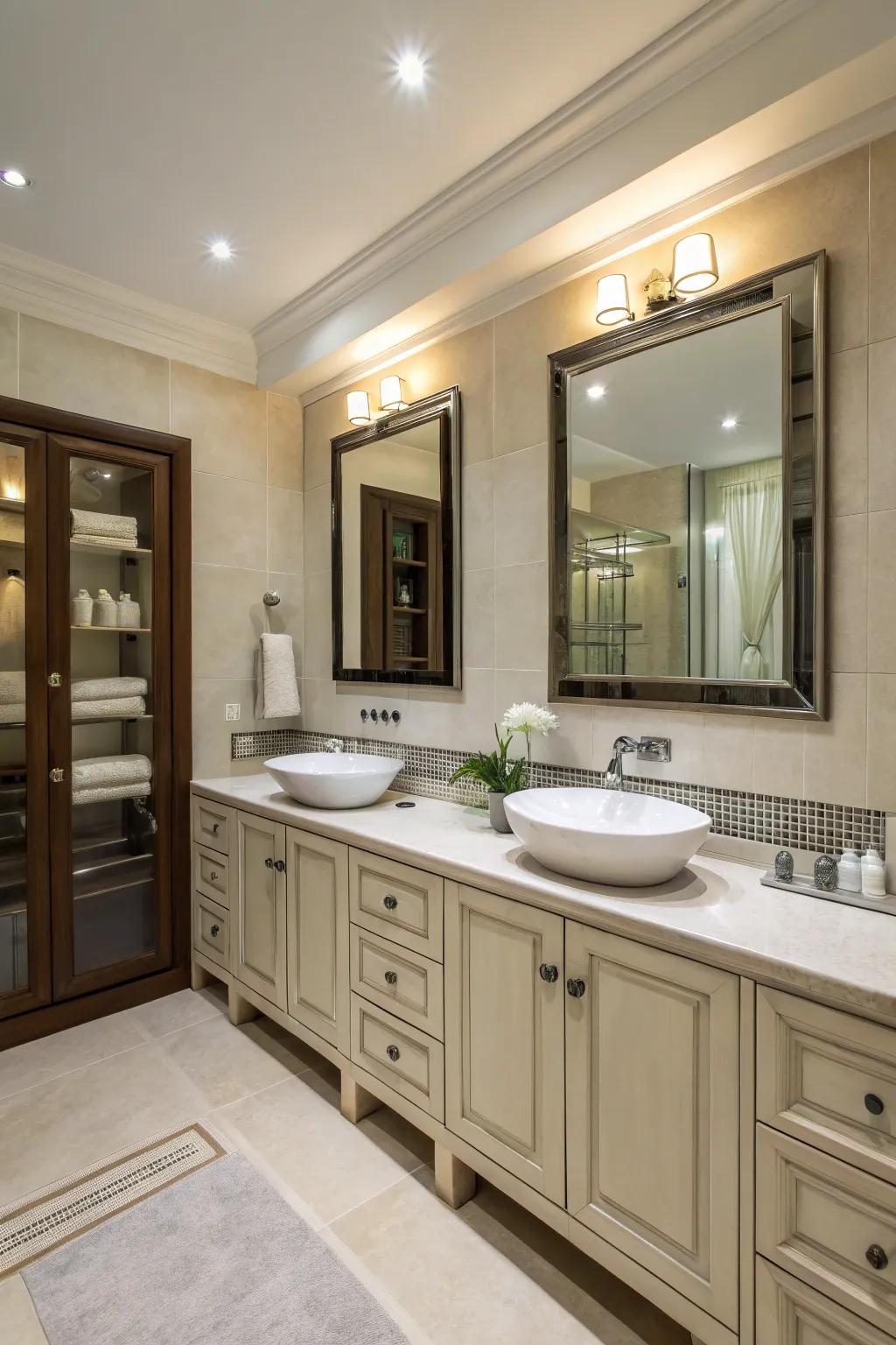 An elegant bathroom displaying dual sinks and extensive storage space.