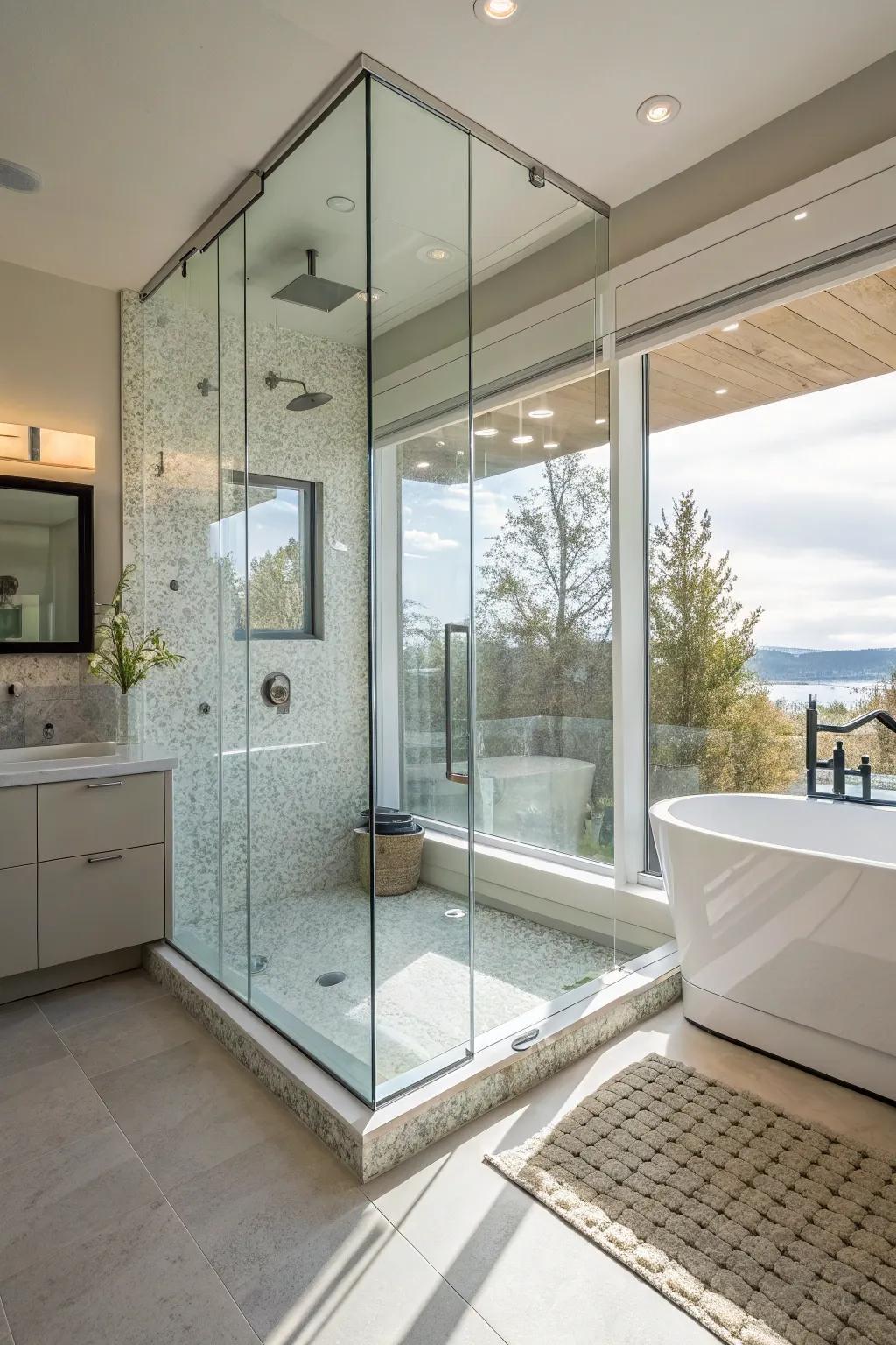 A modern walk-in shower showcasing stylish glass surroundings.