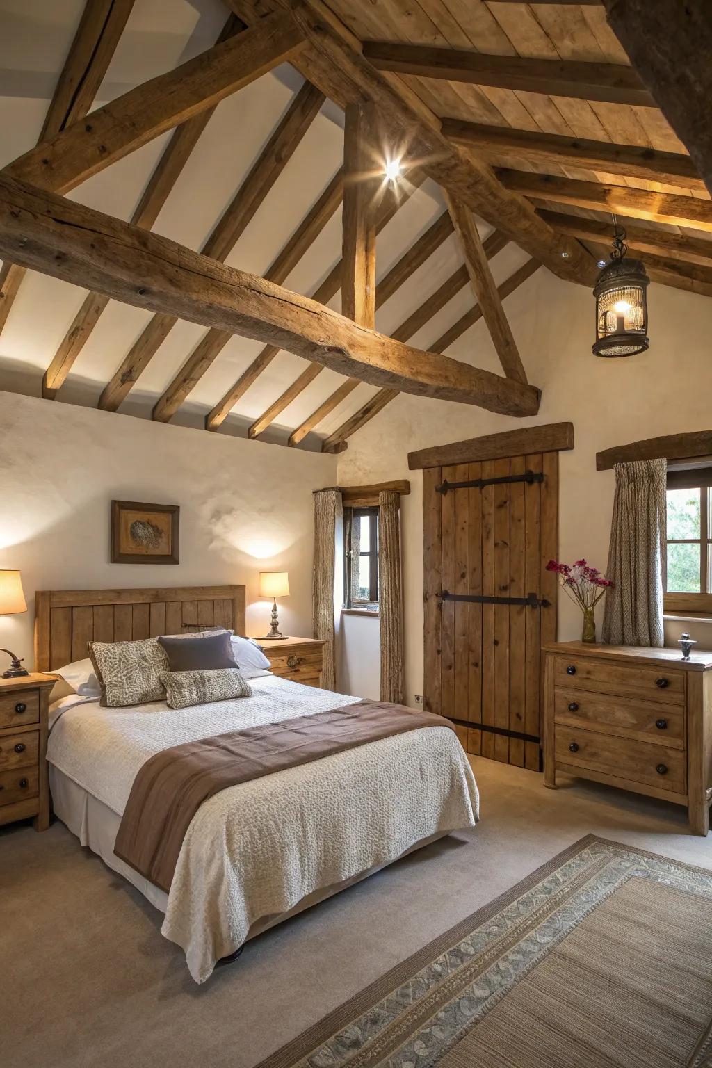 Countryside allure showcased by uncovered structural timbers in a country-style bedroom