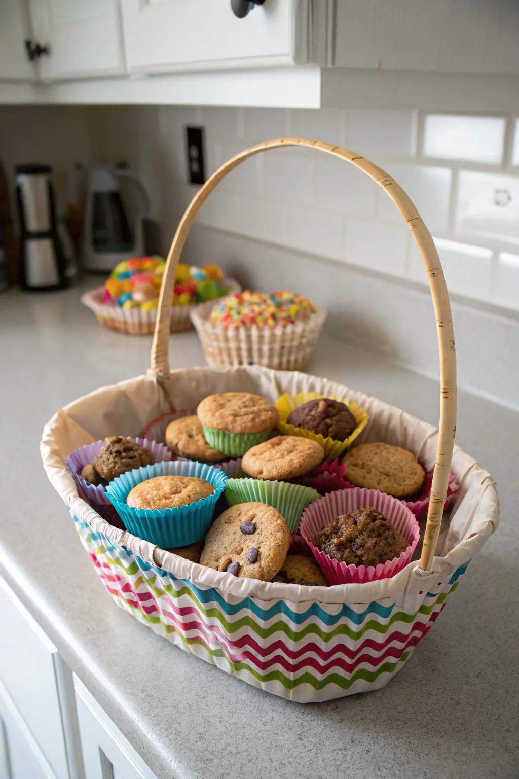 Delectable goodies exquisitely arranged in a festive May basket.