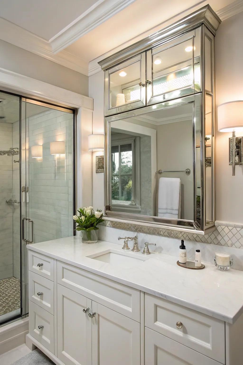 Mirrored cabinets boost both functionality and visual allure.