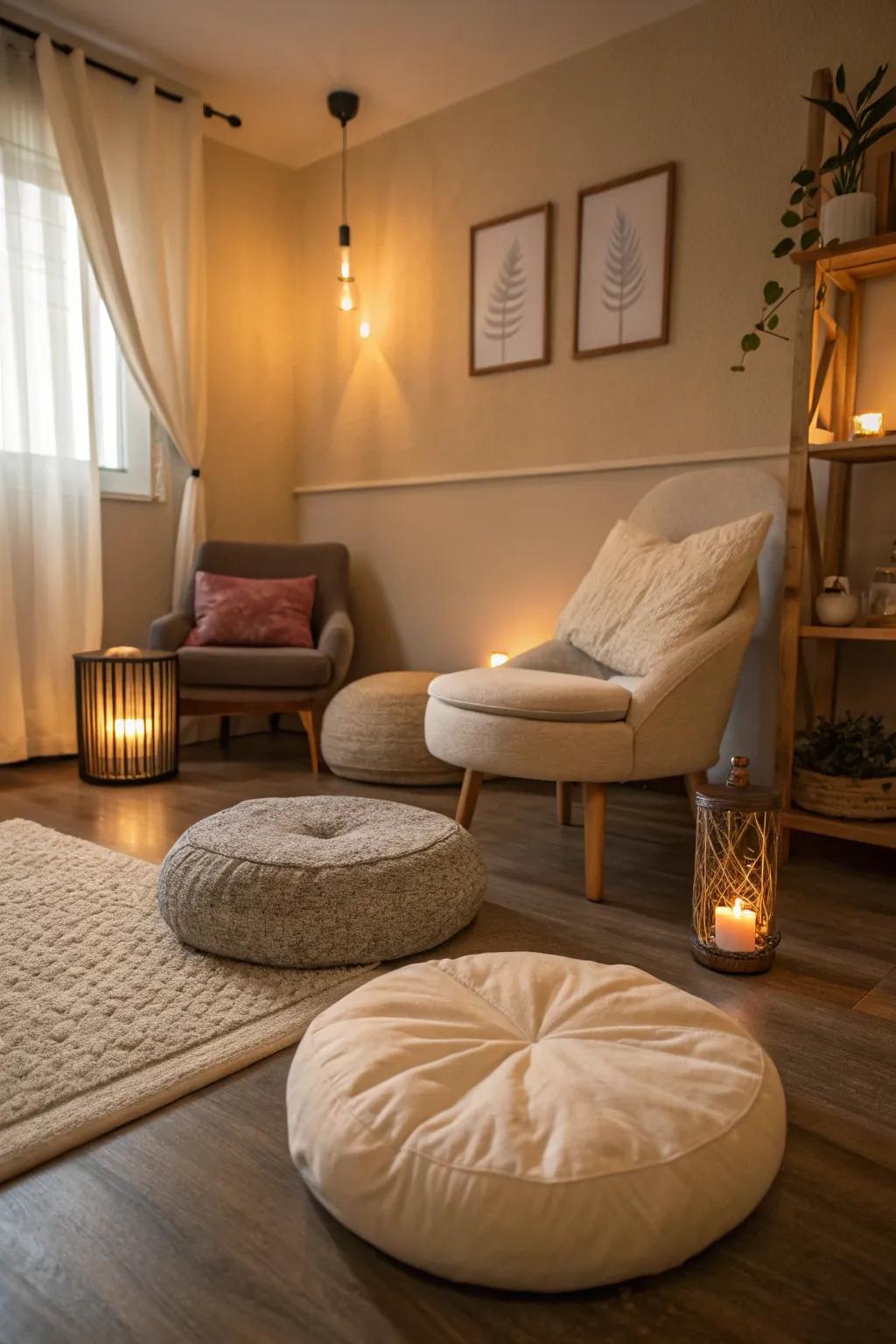 An inviting meditation corner showcasing soft pillows and a comfy chair.