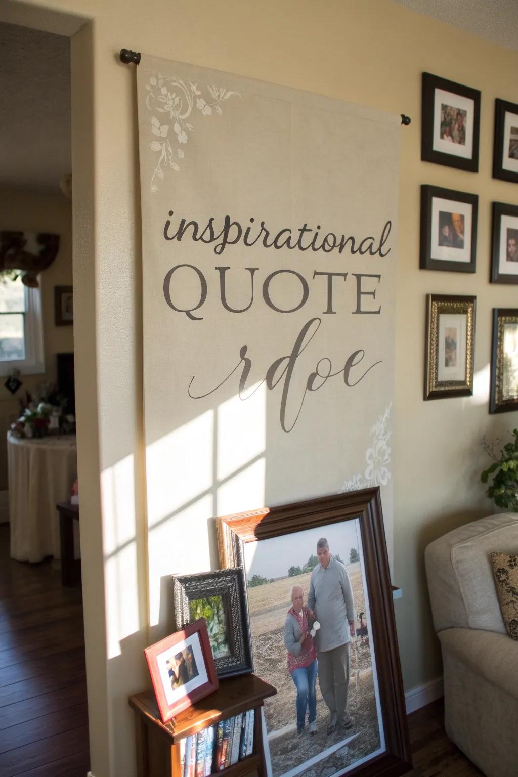 An uplifting saying display incorporating magnitude to a celebration space.