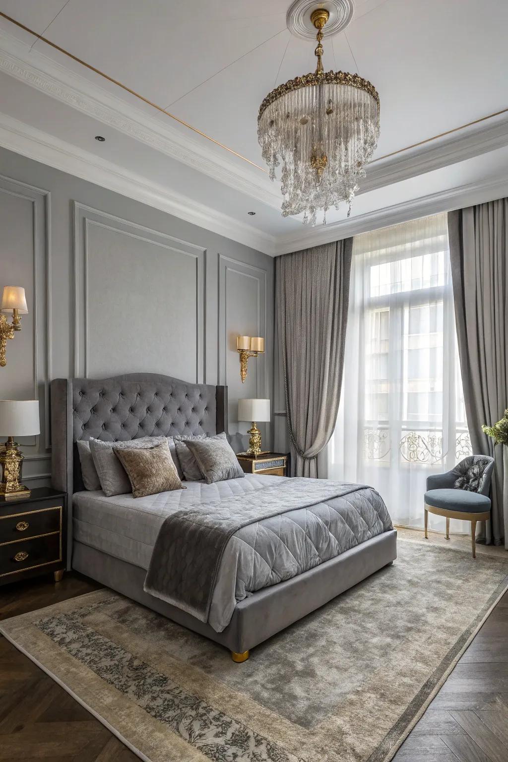 Upscale hotel style achieved with luxurious grey fabrics and refined decor.