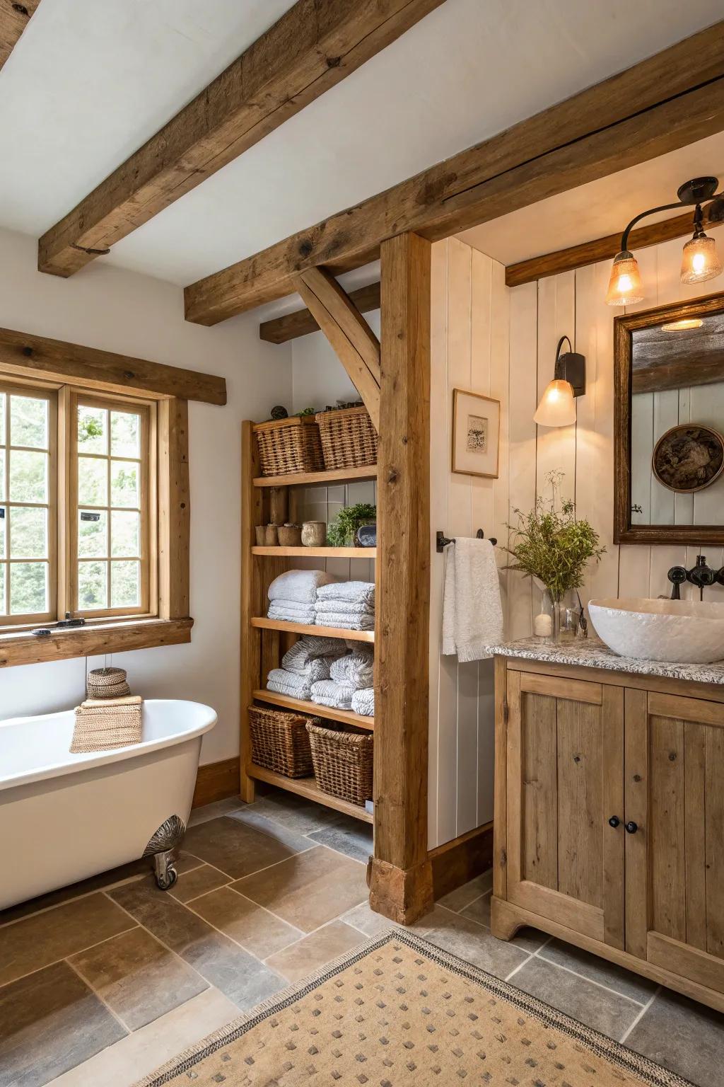 Earthy wood embellishments give the bathroom a warm ambiance.