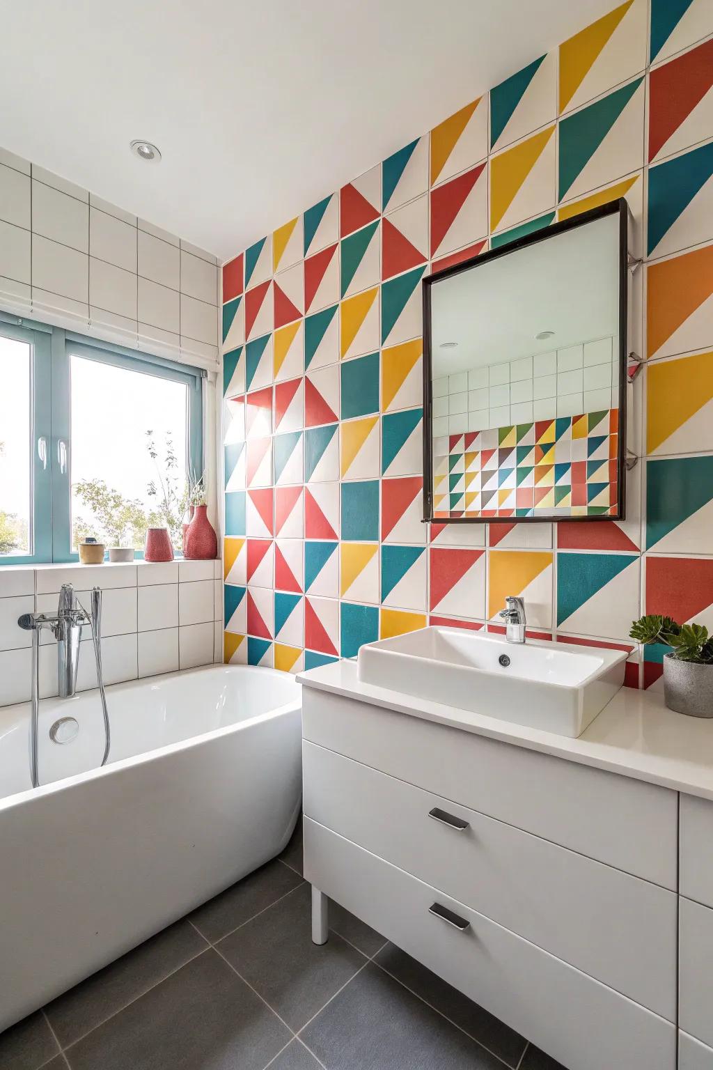 Shaped tiles contribute a hint of retro elegance to this bathroom setting.